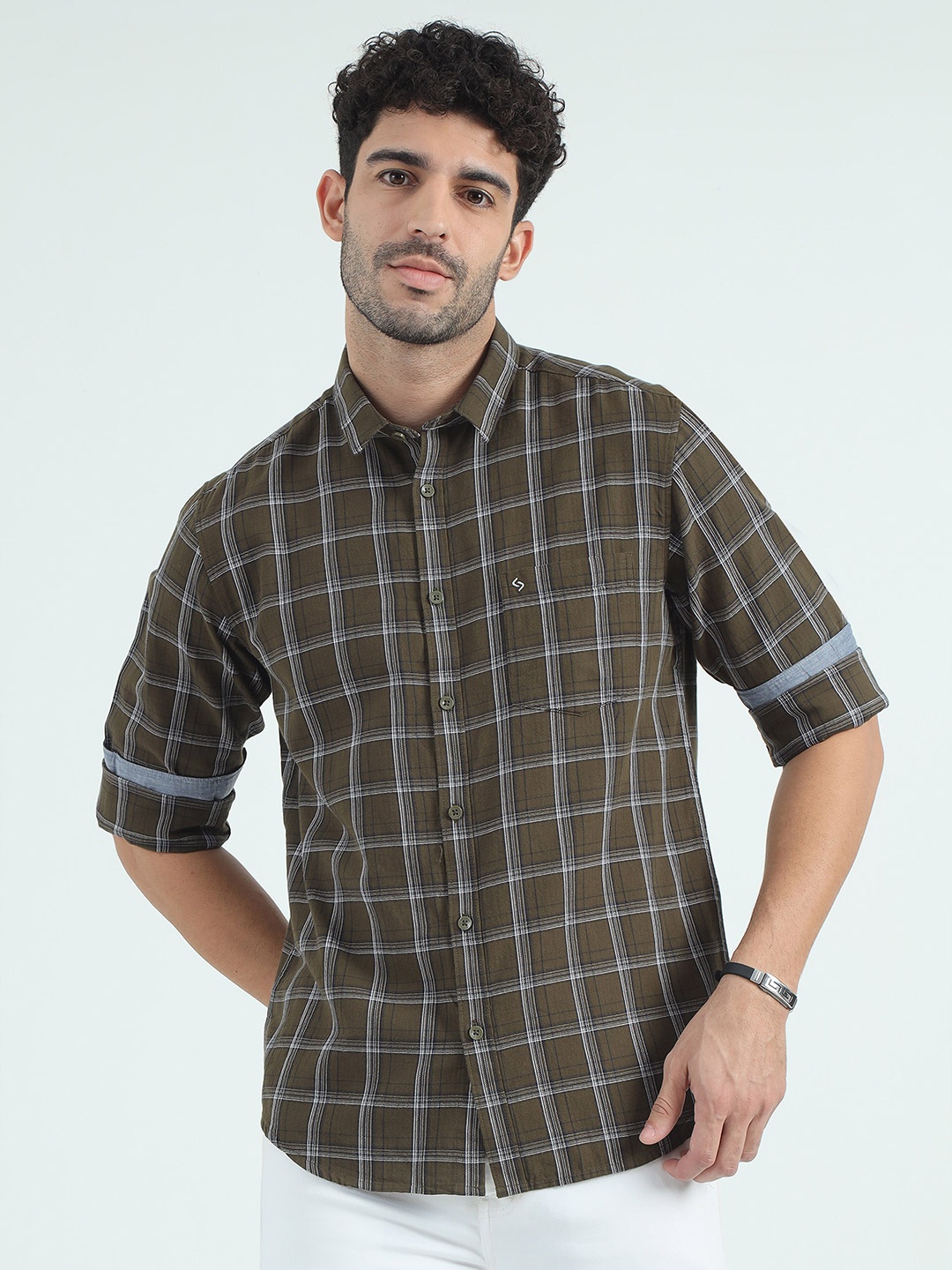 

Classic Polo India Slim Fit Tartan Checked Spread Collar Cotton Shirt, Olive