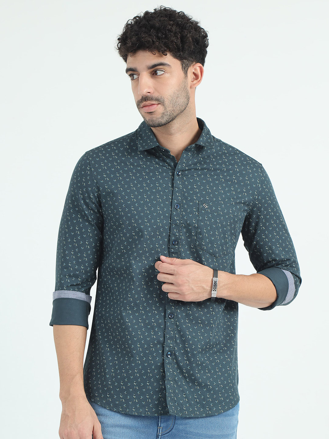 

Classic Polo India Slim Fit Floral Printed Spread Collar Cotton Shirt, Green