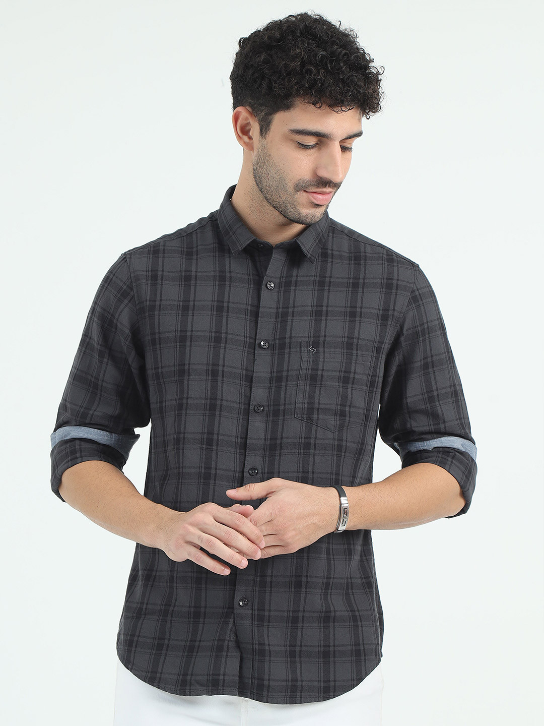 

Classic Polo India Slim Fit Tartan Checked Spread Collar Cotton Shirt, Olive