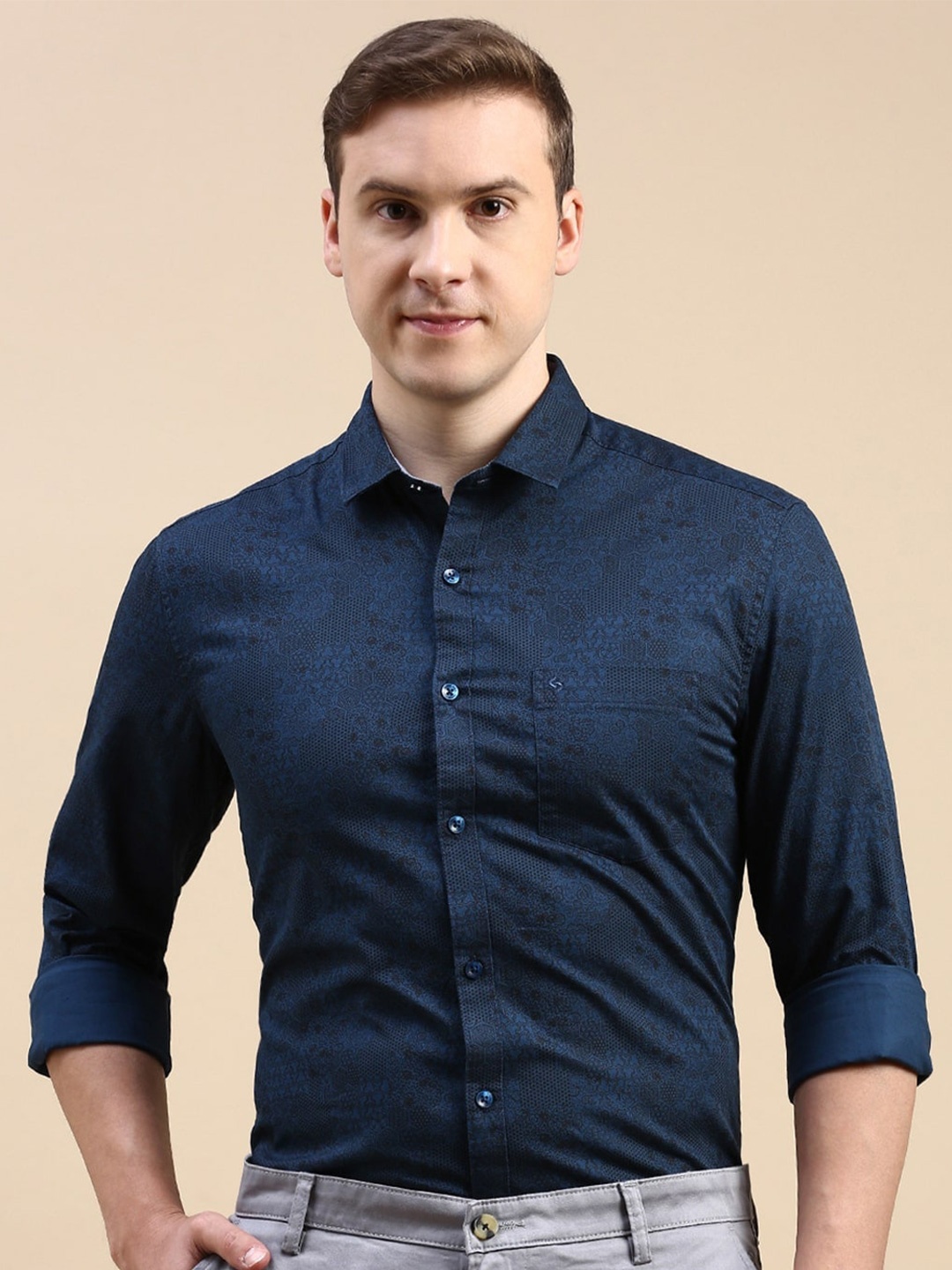 

Classic Polo India Slim Fit Floral Printed Spread Collar Cotton Shirt, Blue
