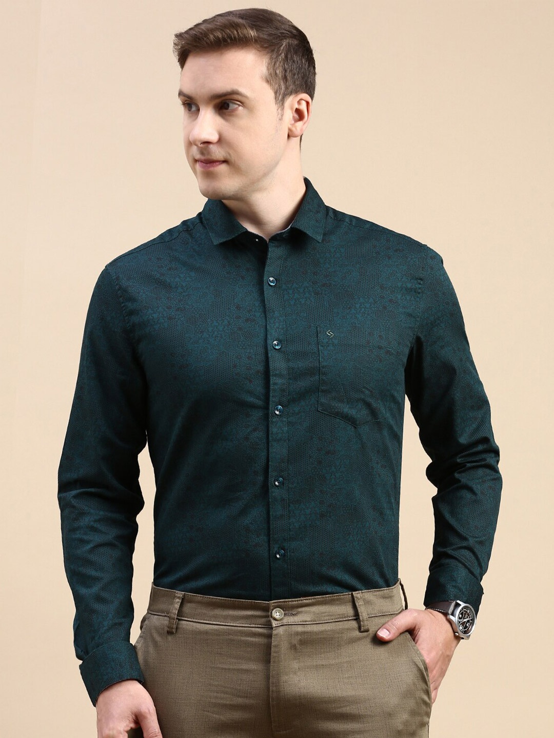 

Classic Polo India Slim Fit Floral Printed Spread Collar Cotton Shirt, Green