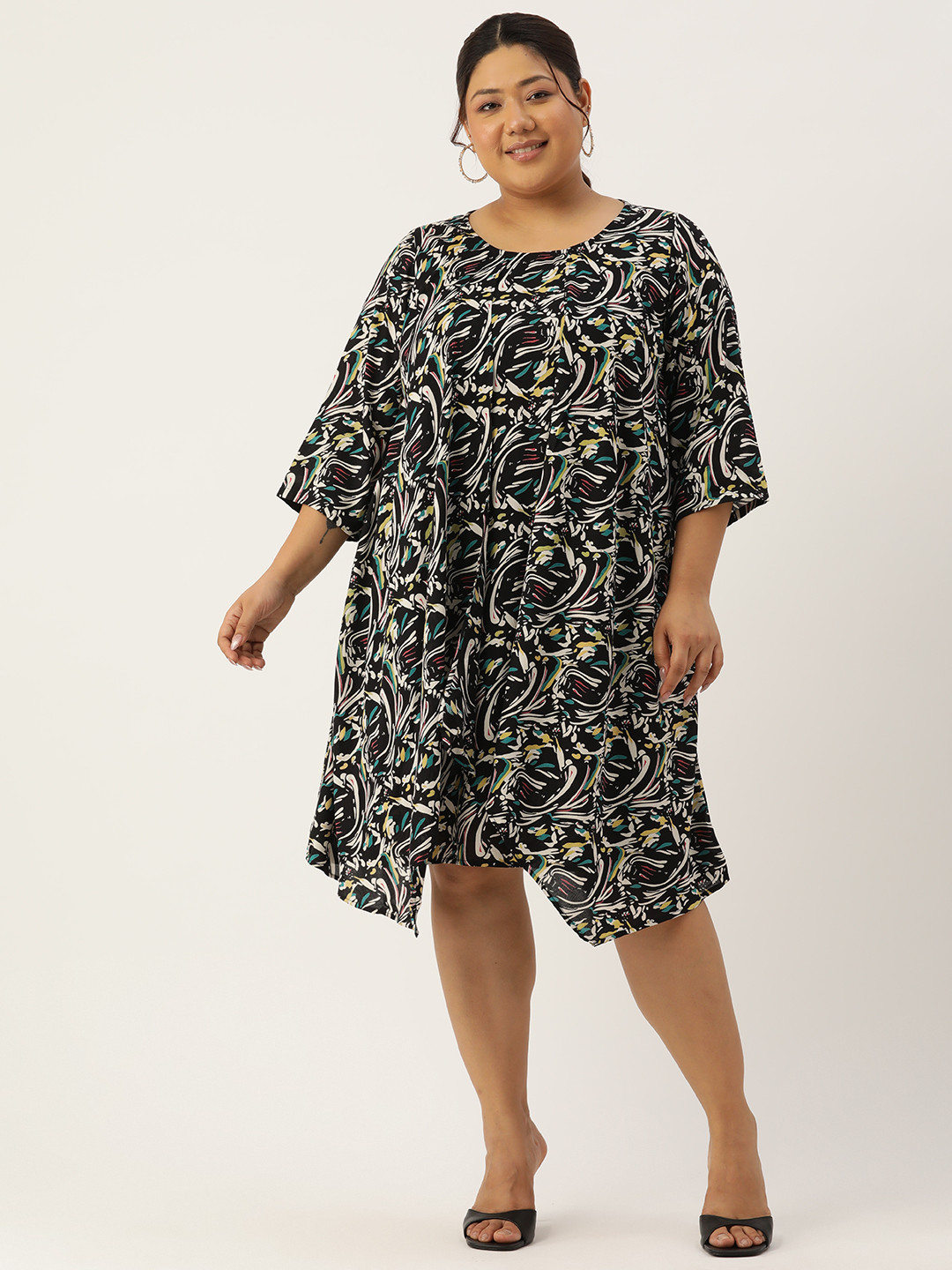 

theRebelinme Plus Size Print Layered A-Line Dress, Black