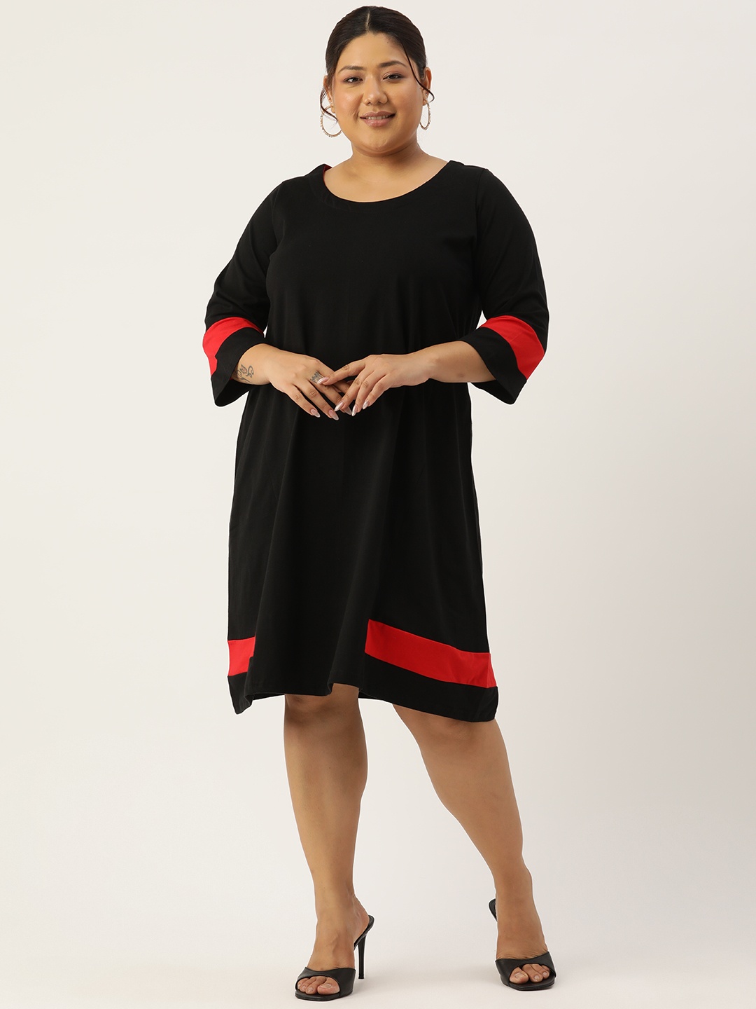 

theRebelinme Plus Size Colourblocked Pure Cotton A-Line Dress, Black