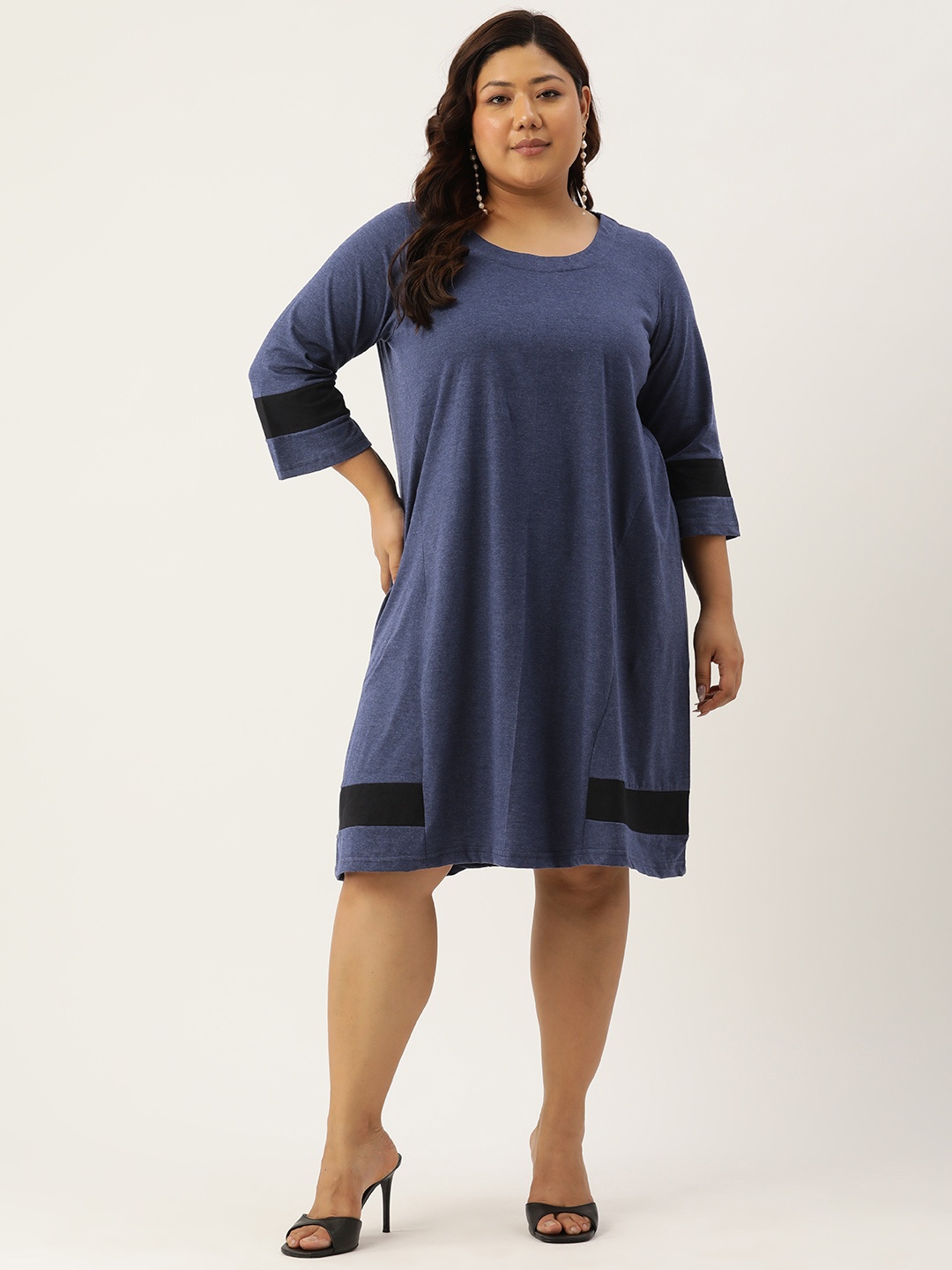 

theRebelinme Plus Size Colourblocked Pure Cotton A-Line Dress, Blue