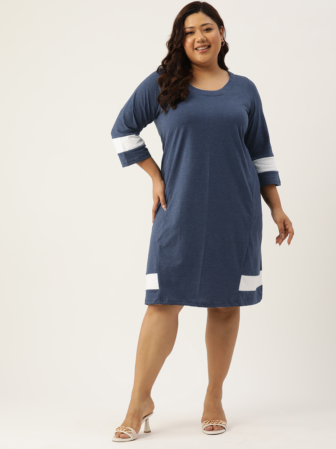 

theRebelinme Plus Size Colourblocked Pure Cotton A-Line Dress, Blue