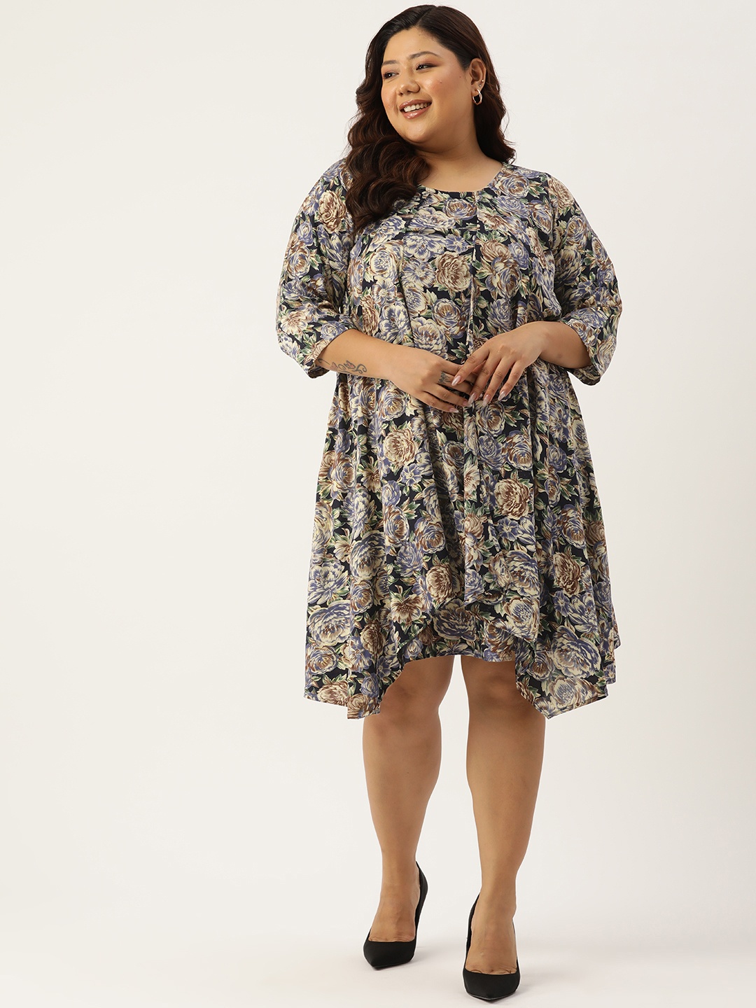 

theRebelinme Plus Size Floral Print Layered A-Line Dress, Navy blue