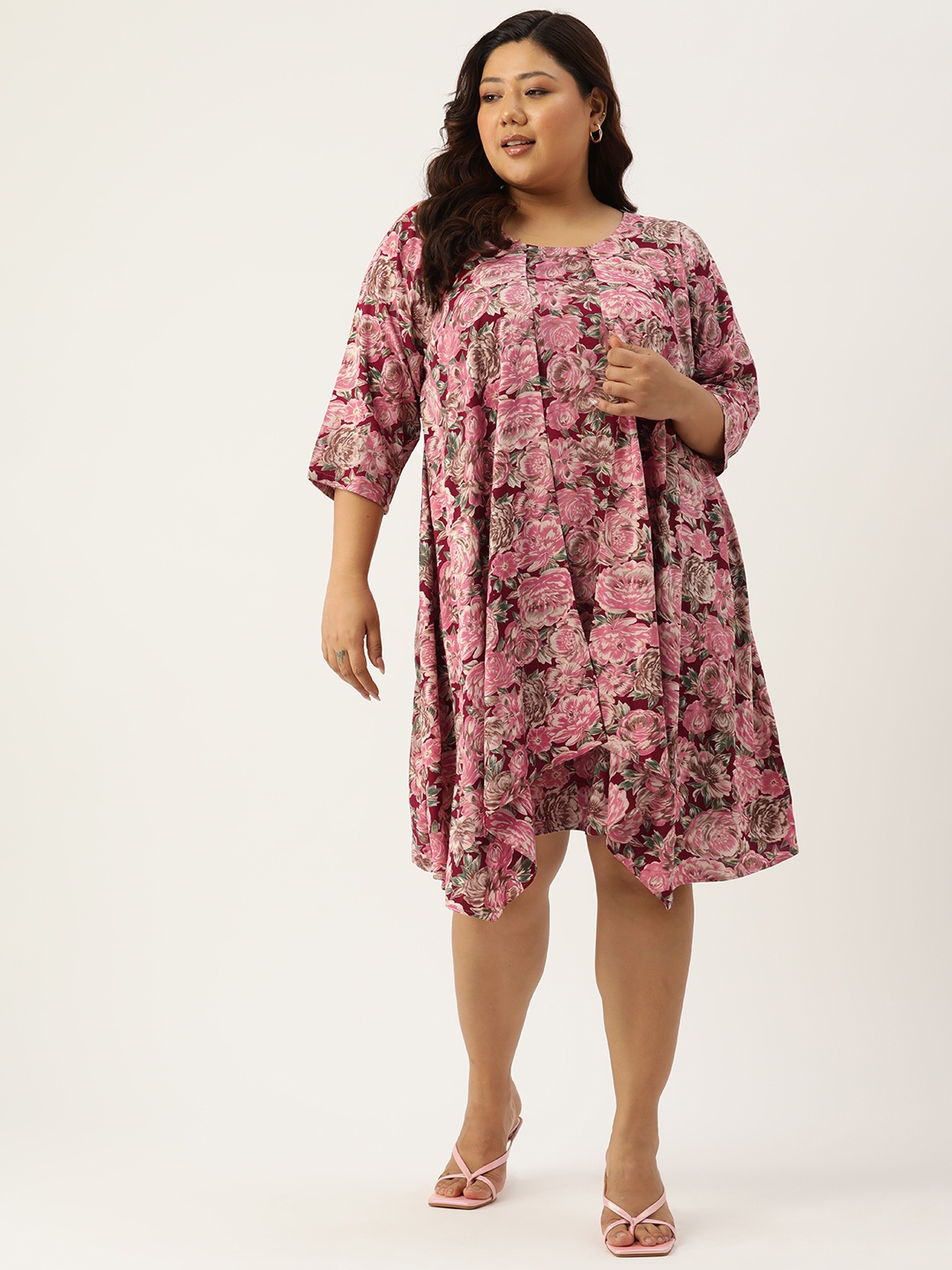 

theRebelinme Plus Size Floral Print Layered A-Line Dress, Maroon