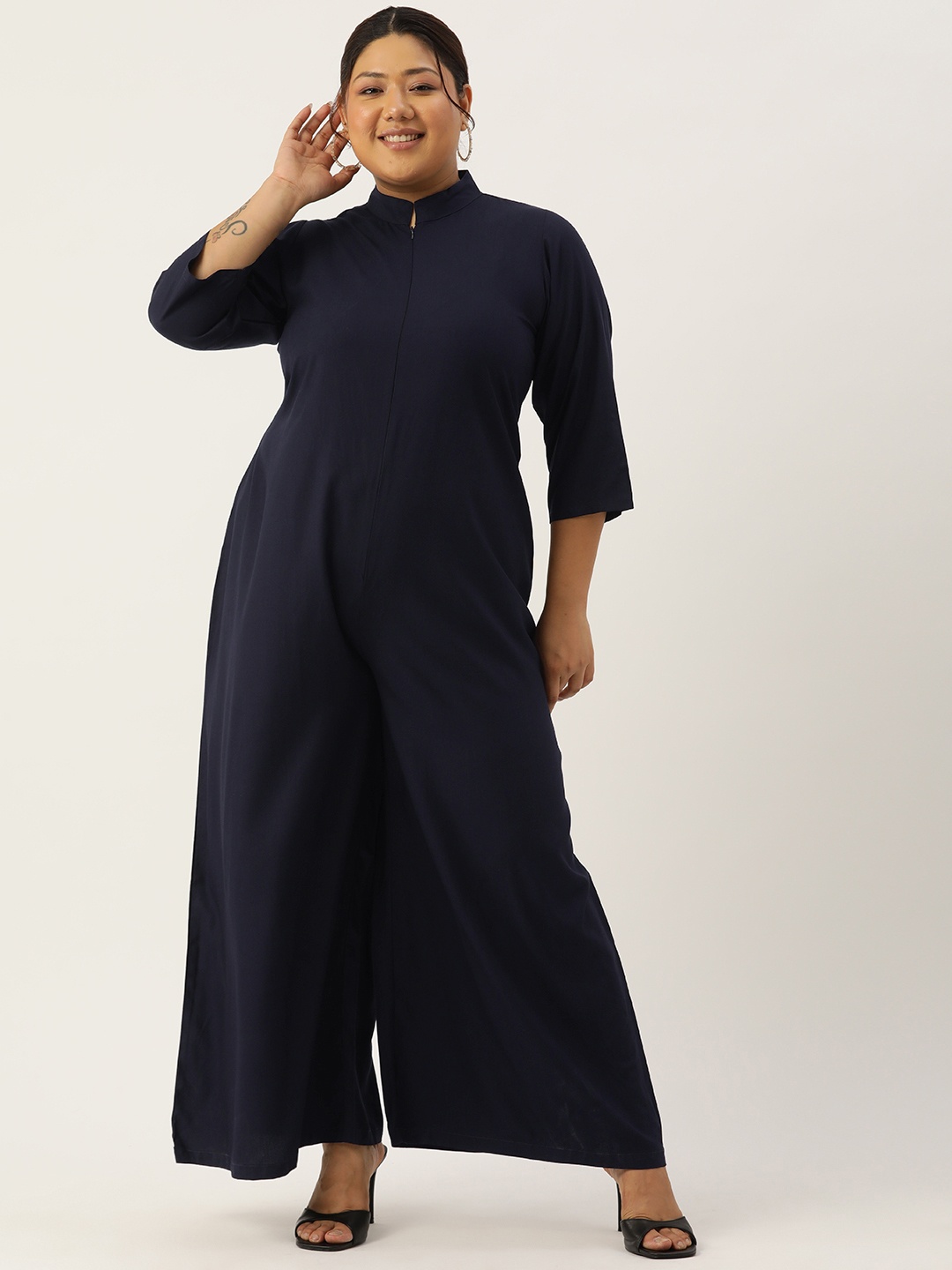

theRebelinme Plus Size Mandarin Collar Basic Jumpsuit, Navy blue