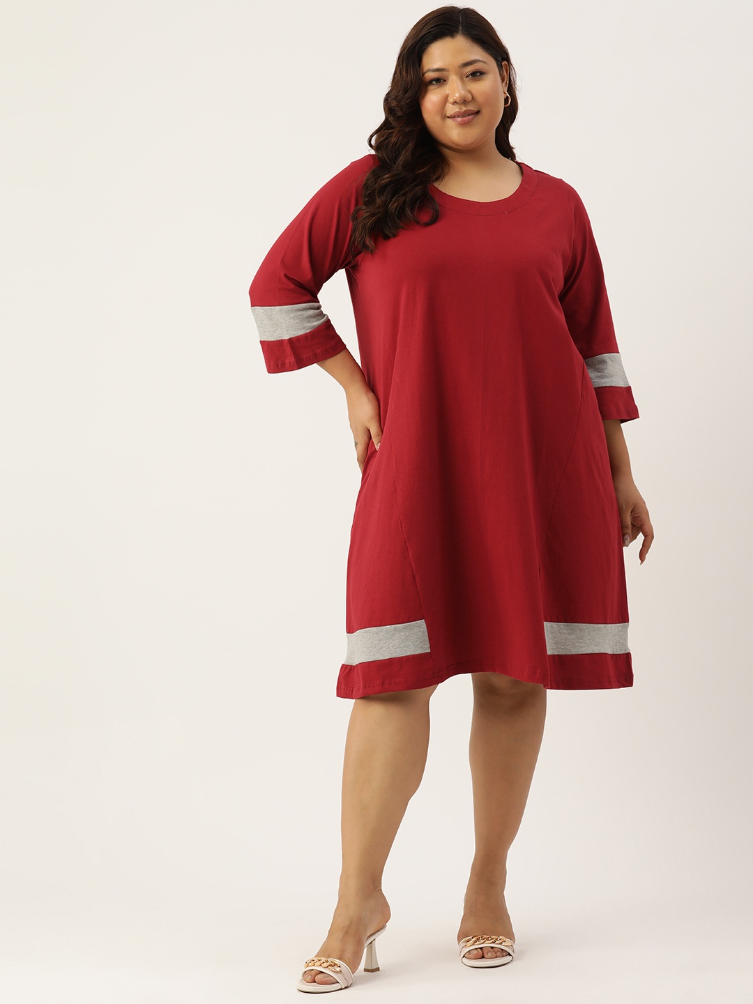 

theRebelinme Plus Size Colourblocked Pure Cotton A-Line Dress, Maroon