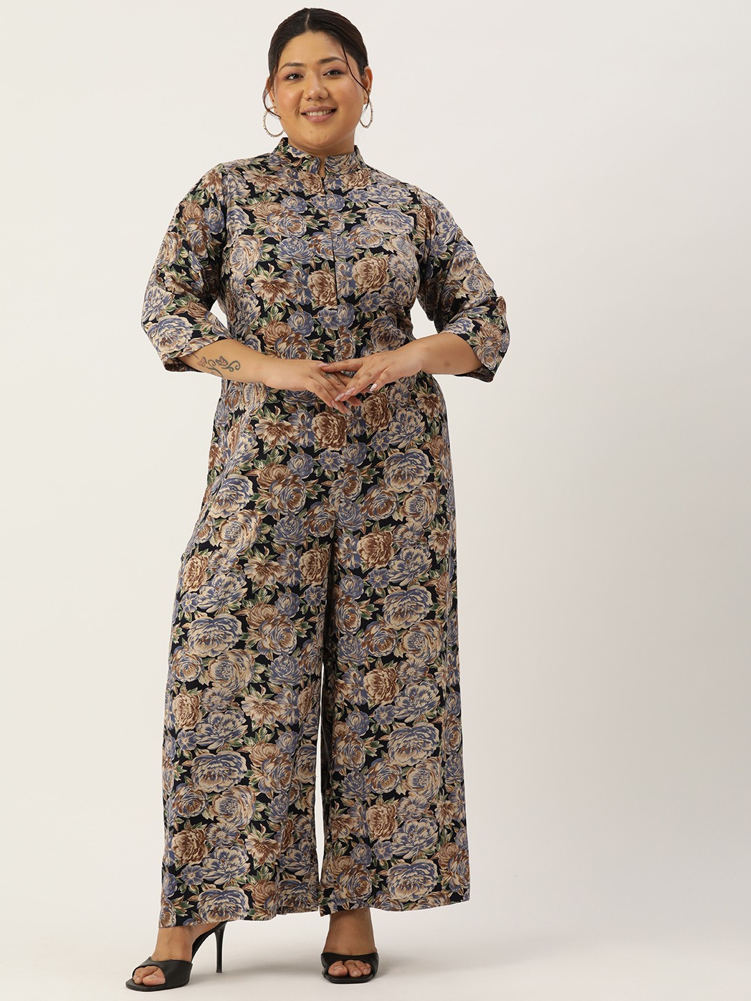 

theRebelinme Plus Size Printed Mandarin Collar Culotte Jumpsuit, Navy blue