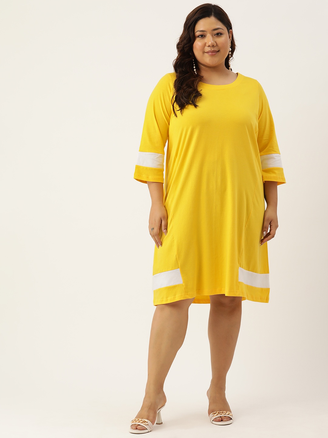 

theRebelinme Plus Size Colourblocked Pure Cotton A-Line Dress, Yellow