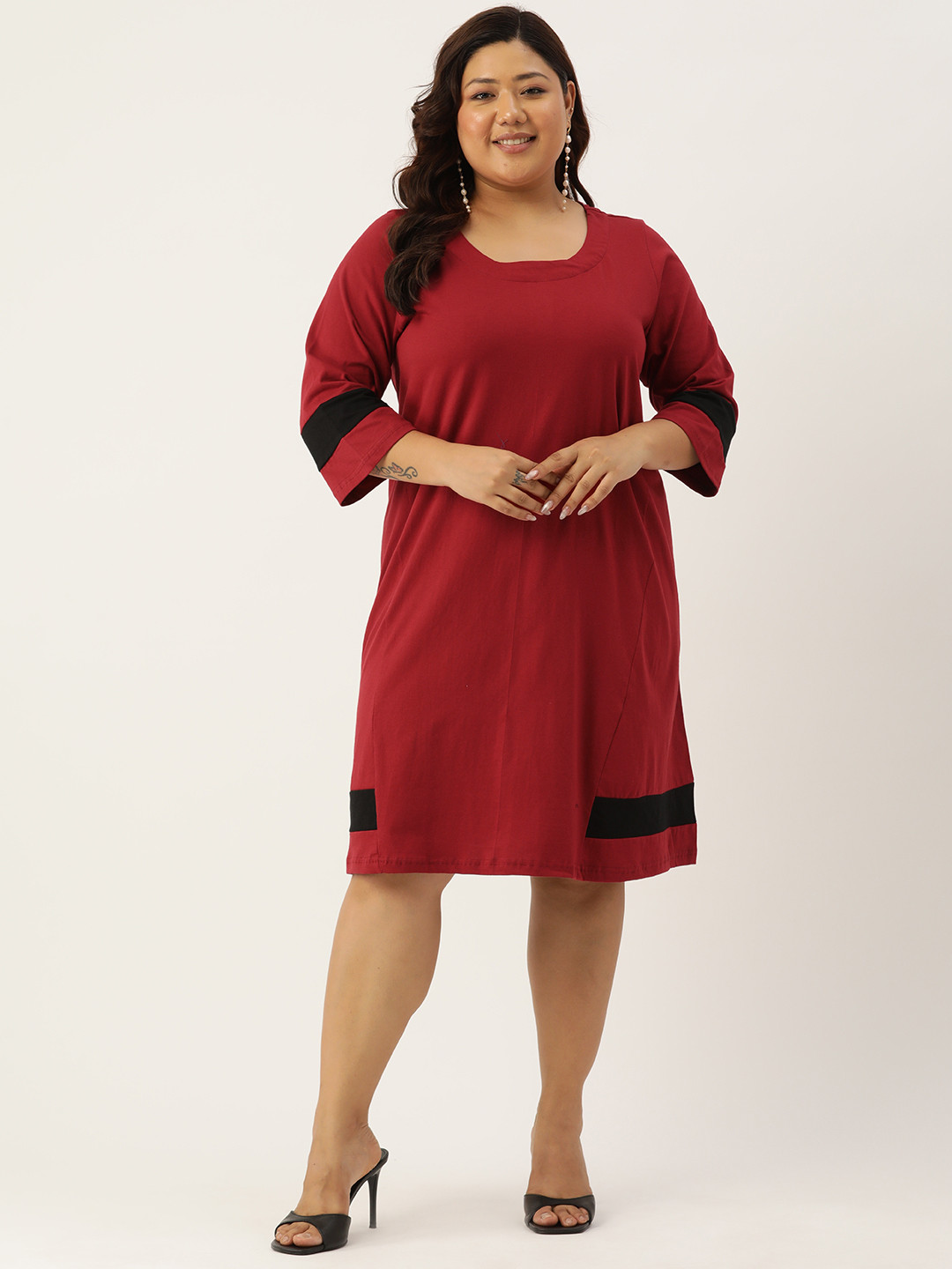 

theRebelinme Plus Size Colourblocked Pure Cotton A-Line Dress, Maroon