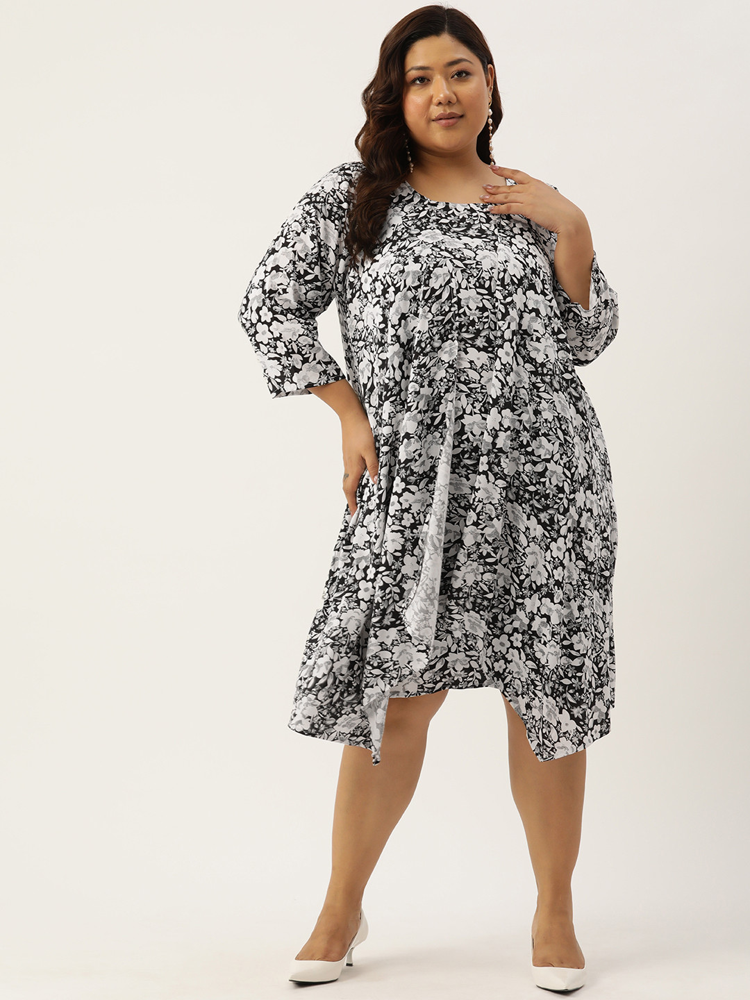 

theRebelinme Plus Size Floral Print Layered A-Line Dress, Black