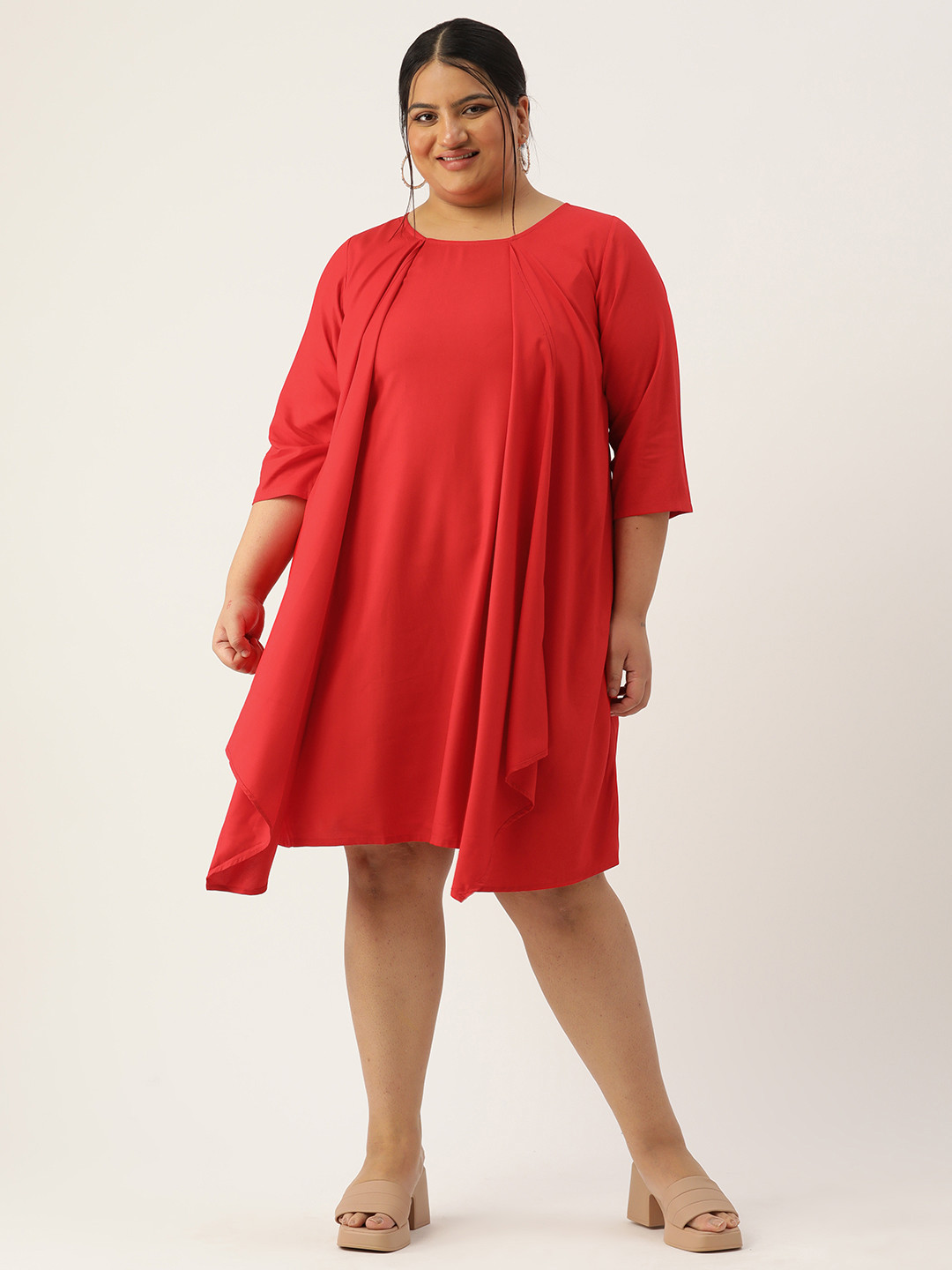 

theRebelinme Plus Size Solid Layered A-Line Dress, Red