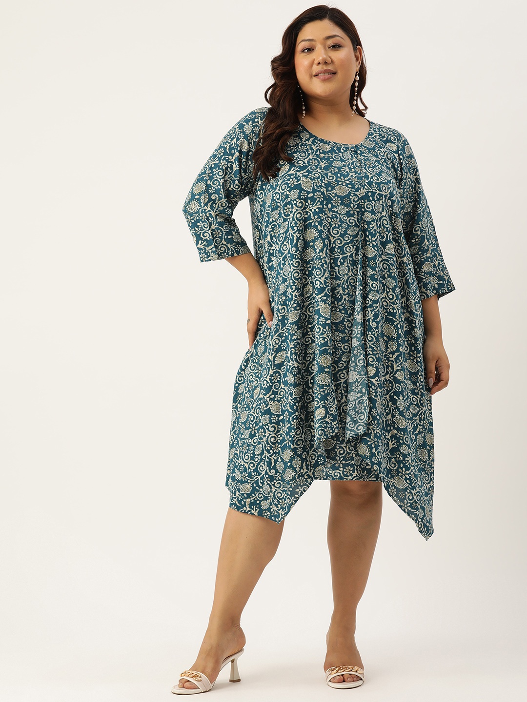 

theRebelinme Plus Size Floral Print Layered A-Line Dress, Teal