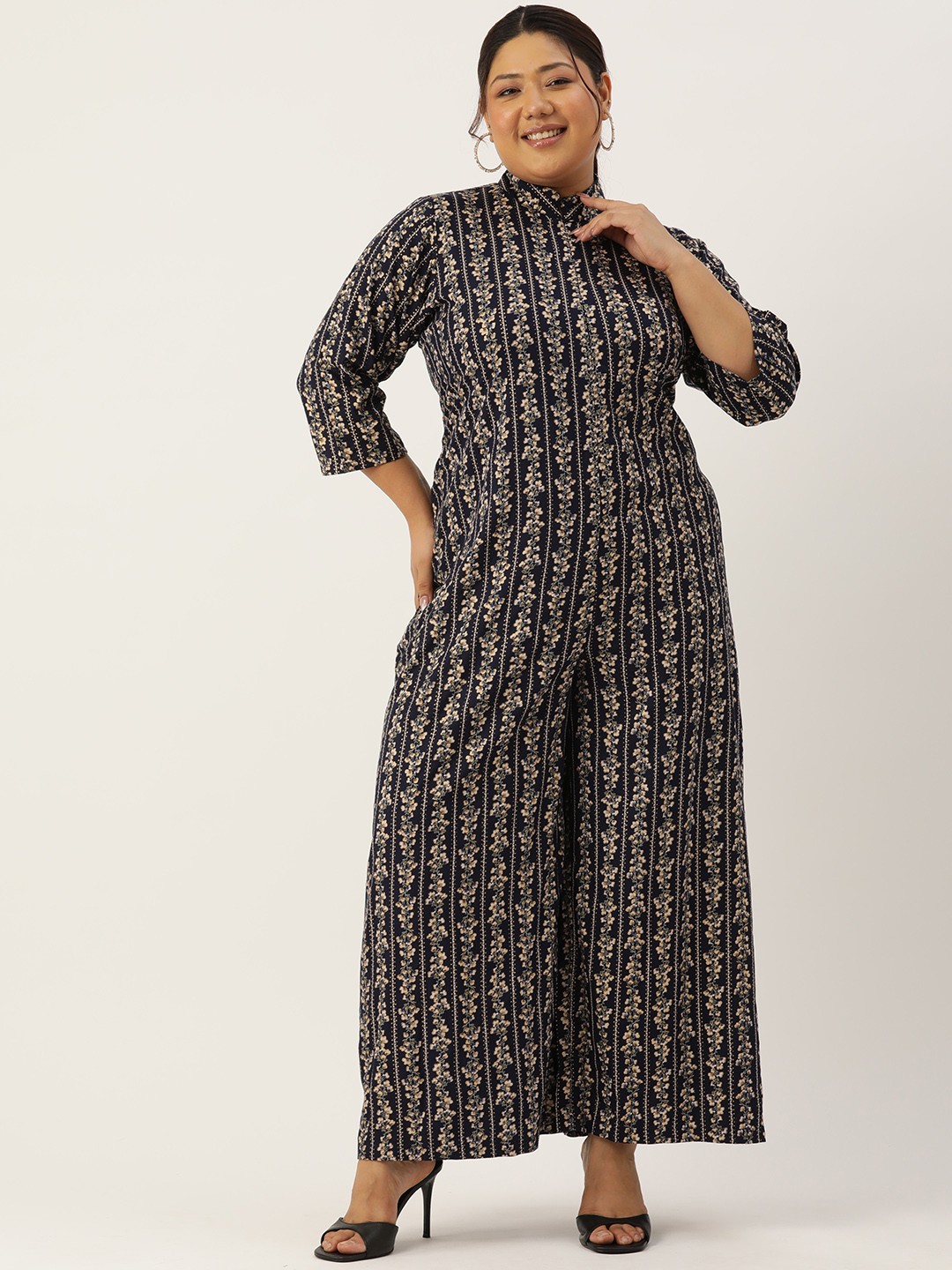 

theRebelinme Plus Size Printed Mandarin Collar Culotte Jumpsuit, Navy blue