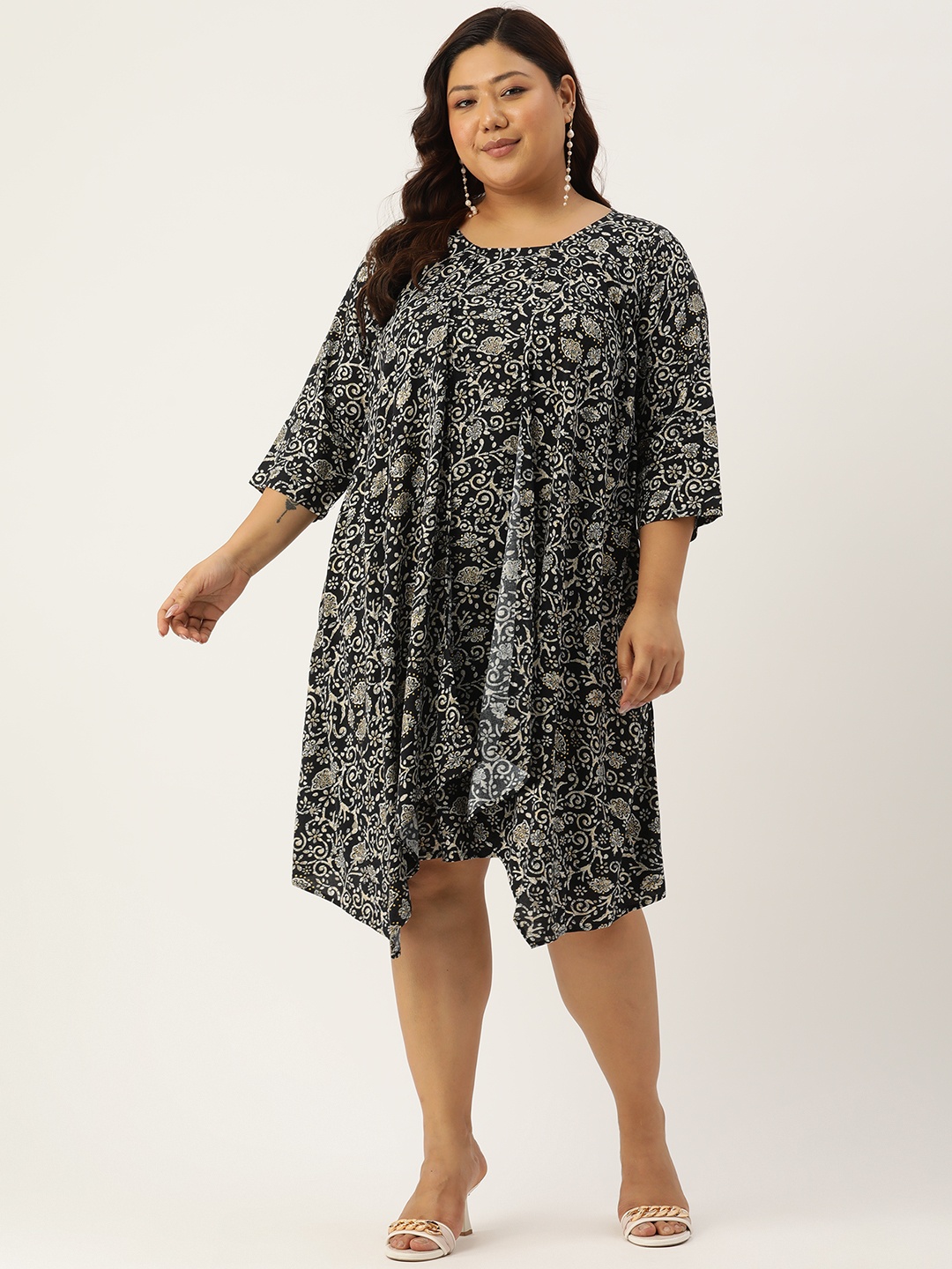 

theRebelinme Plus Size Floral Print Layered A-Line Dress, Black