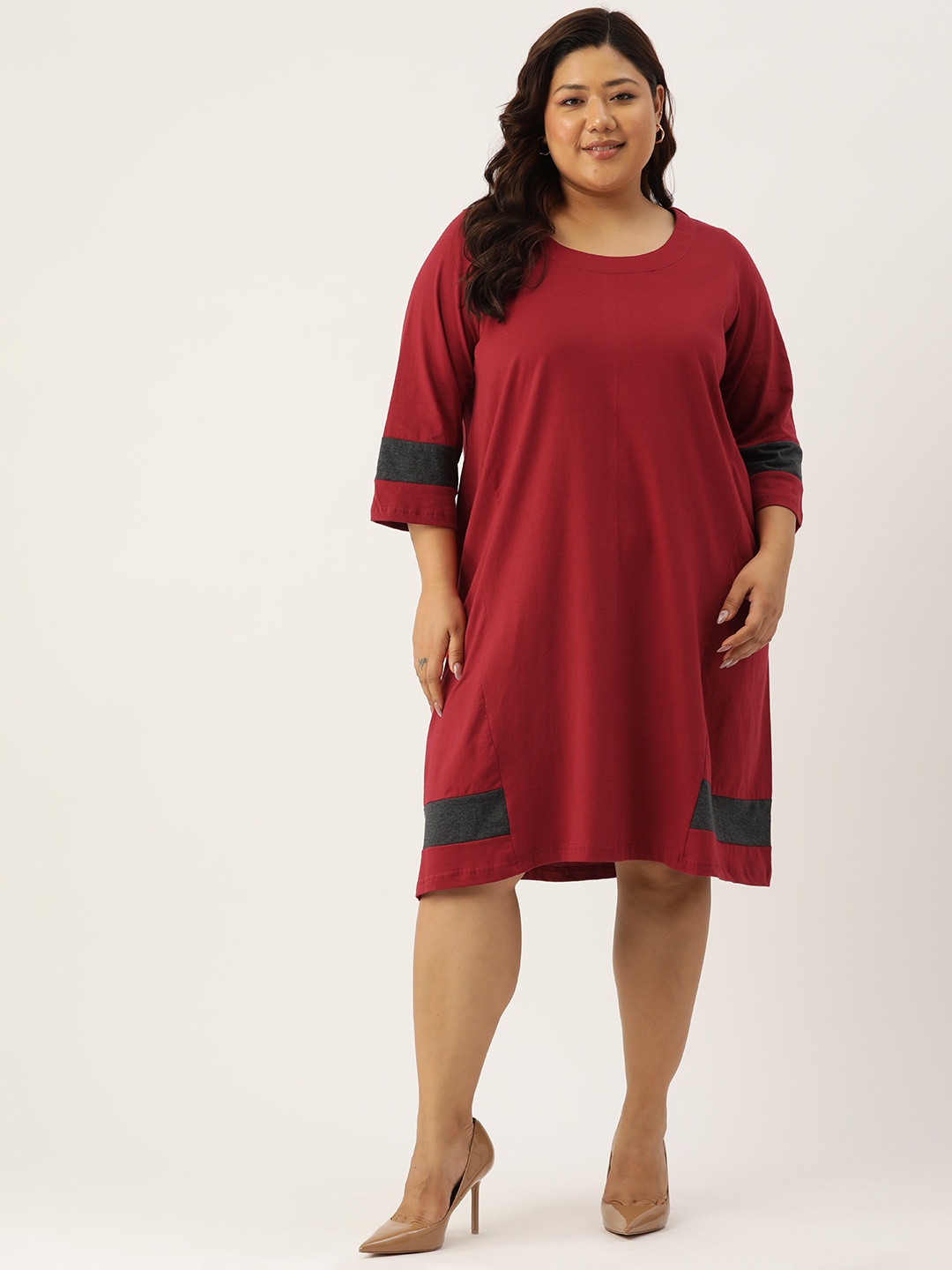 

theRebelinme Plus Size Colourblocked A-Line Dress, Maroon