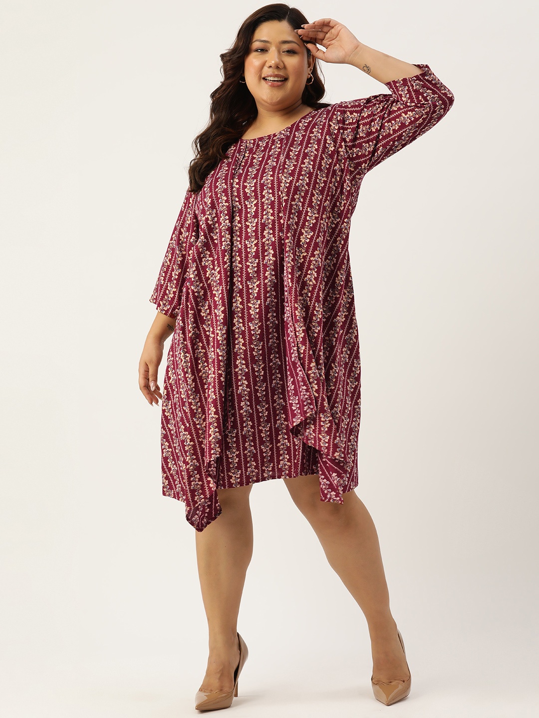 

theRebelinme Plus Size Floral Print Layered A-Line Dress, Maroon