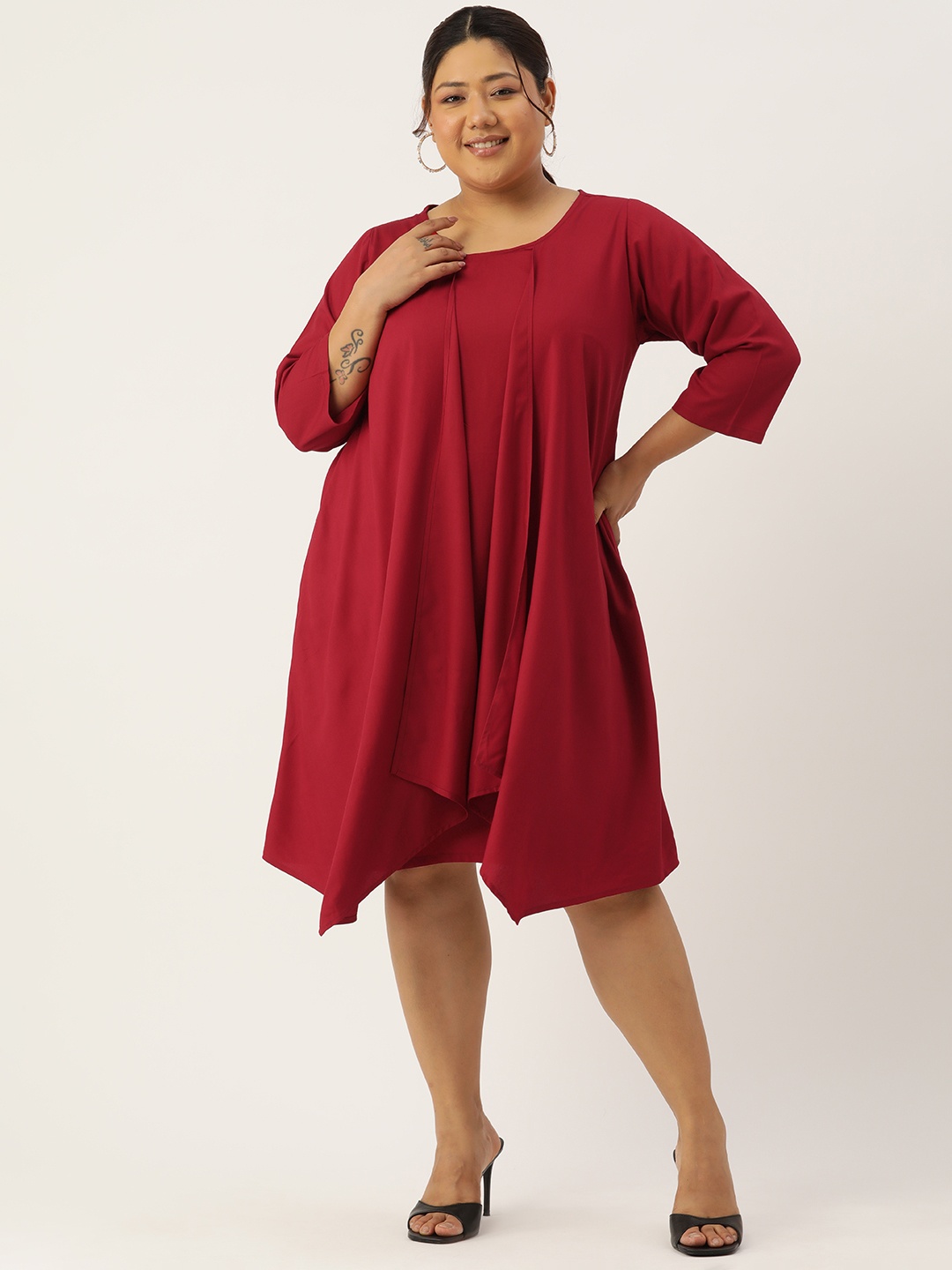 

theRebelinme Plus Size Solid Layered A-Line Midi Dress, Maroon