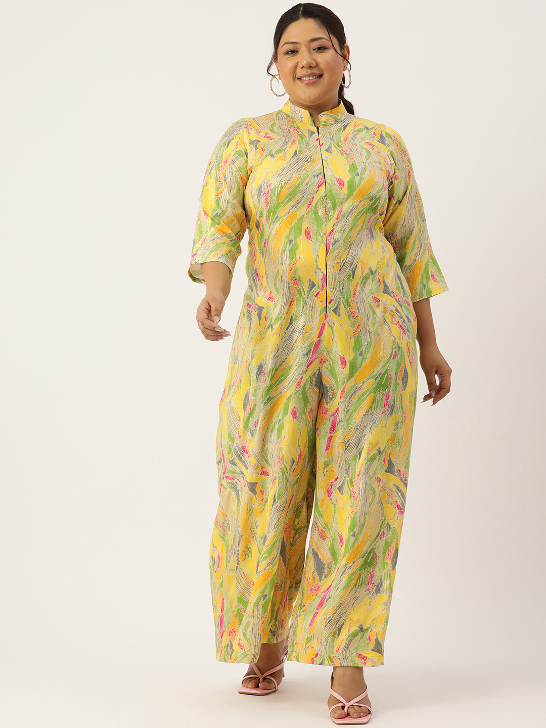 

theRebelinme Plus Size Printed Basic Jumpsuit, Yellow