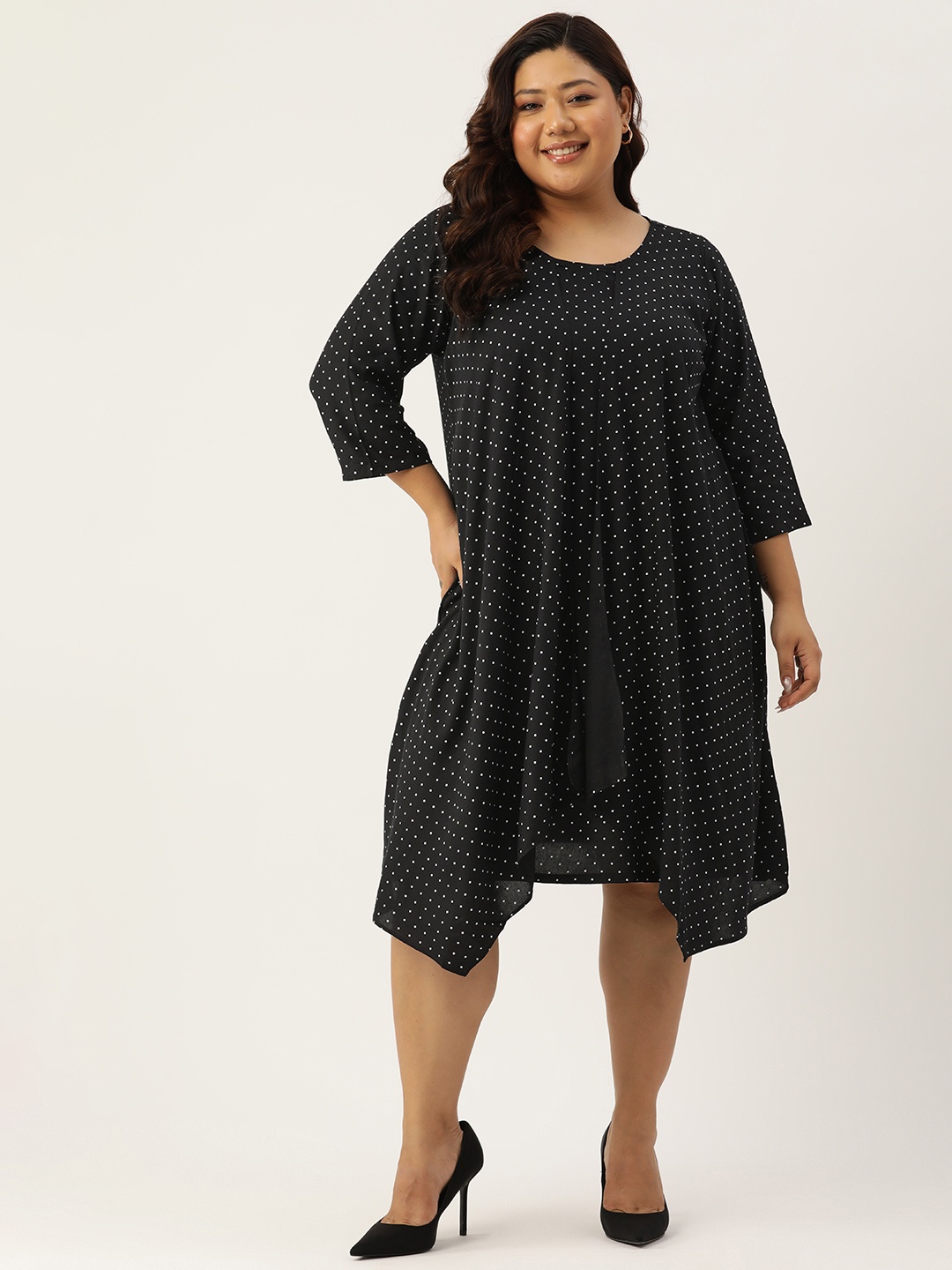 

theRebelinme Plus Size Polka Dot Print Layered A-Line Dress, Black