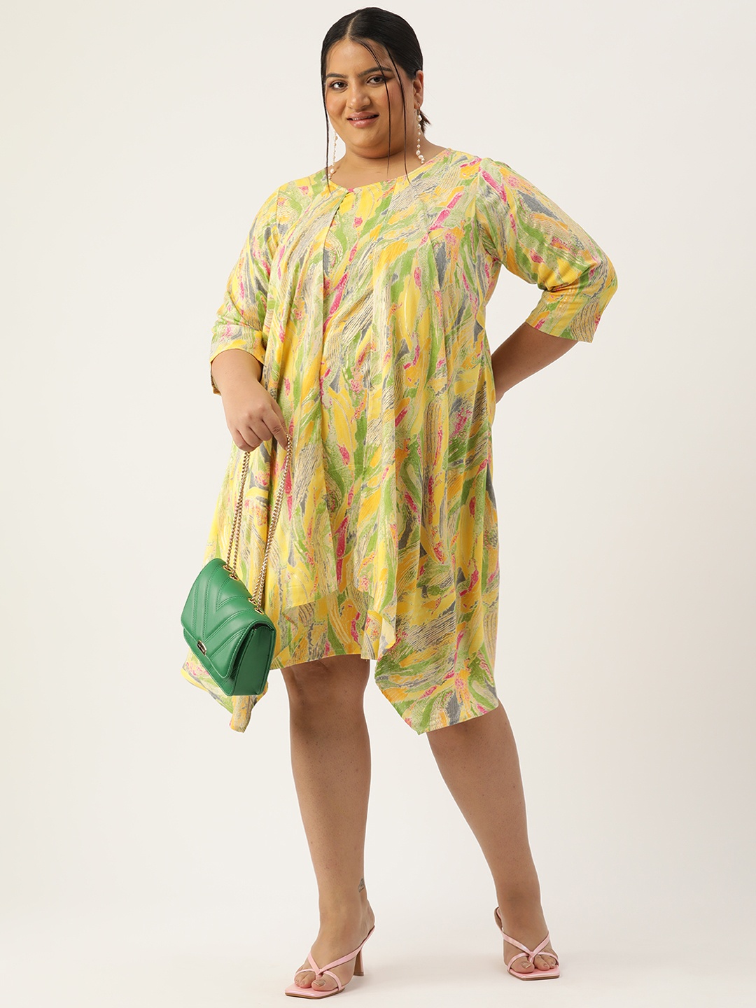 

theRebelinme Plus Size Abstract Print Layered A-Line Dress, Yellow
