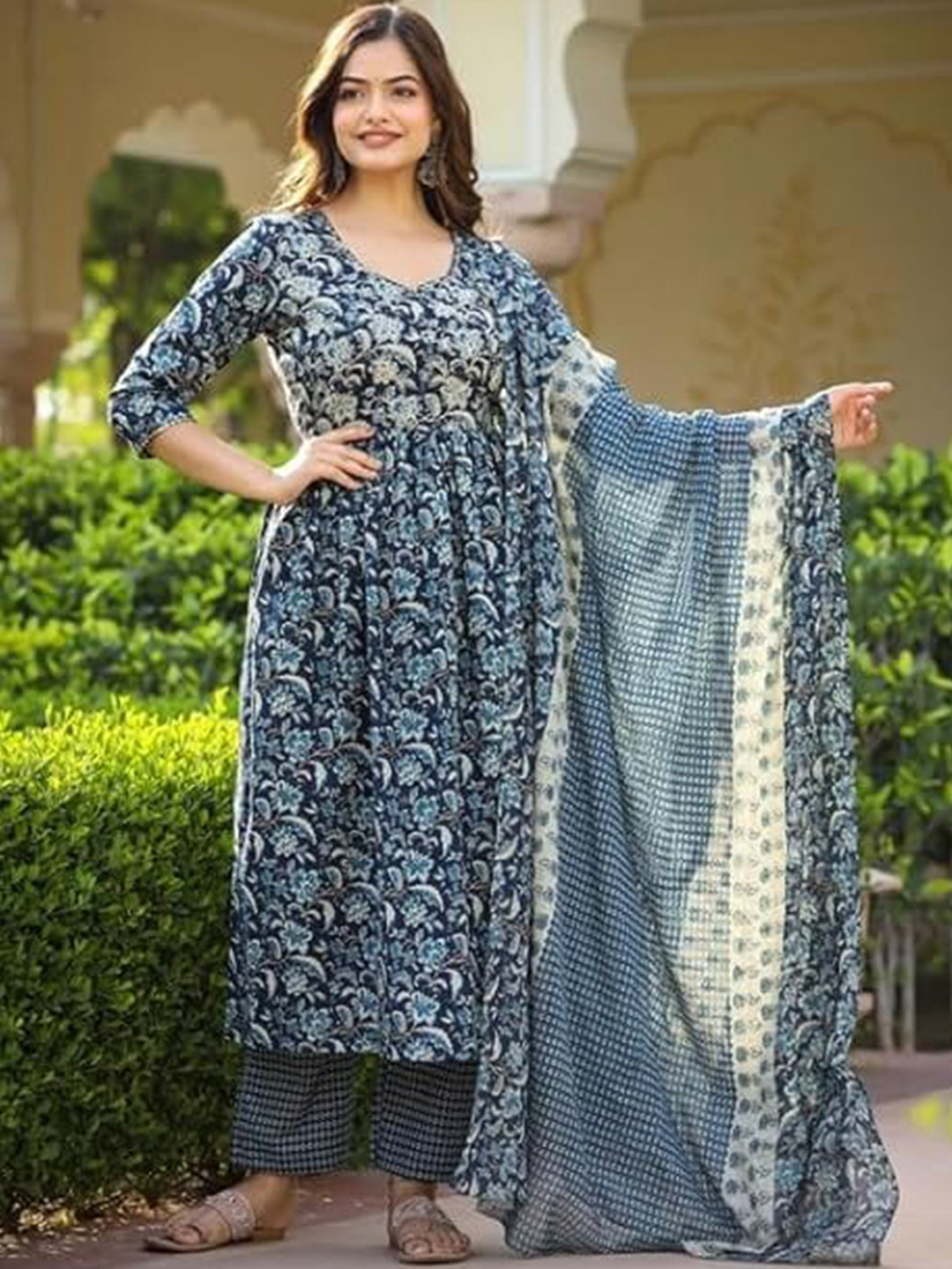 

KALINI Floral Printed Round Neck A-Line Kurta with Trousers & With Dupatta, Blue