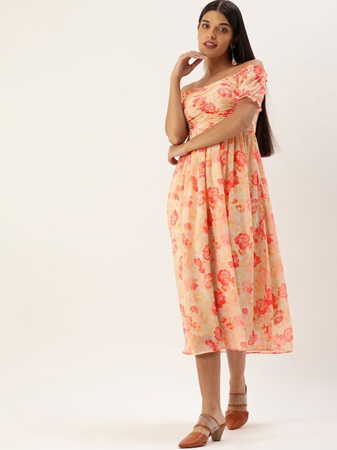 

shiloh Floral Print Off-Shoulder Puff Sleeves Gathered Georgette Fit & Flare Midi Dress, Orange