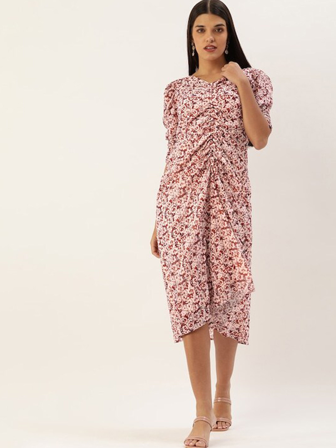 

shiloh Abstract Print Off-Shoulder Puff Sleeves Ruched Georgette A-Line Midi Dress, Maroon