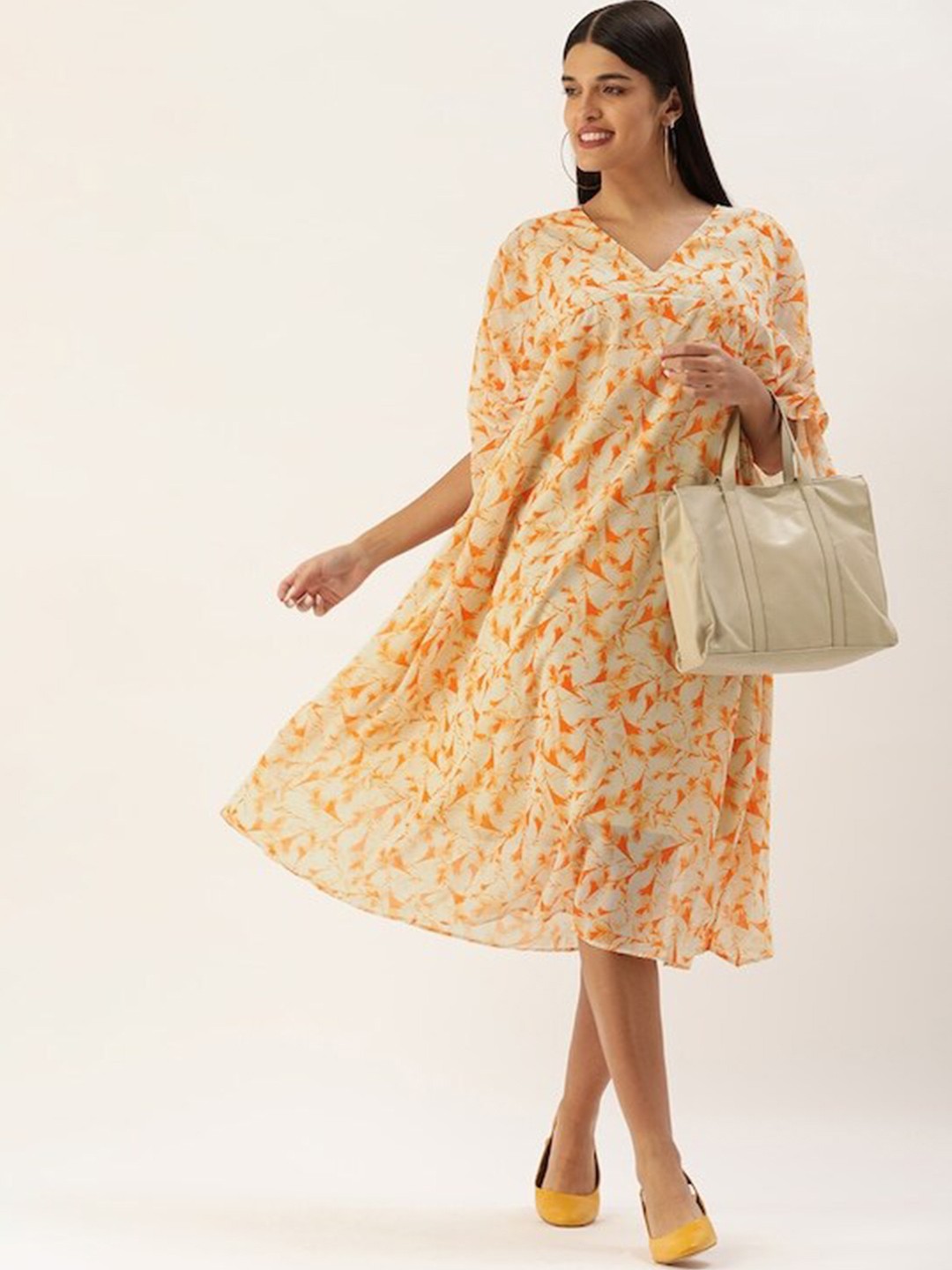 

shiloh Floral Print Extended Sleeves Gathered Georgette A-Line Midi Dress, Orange