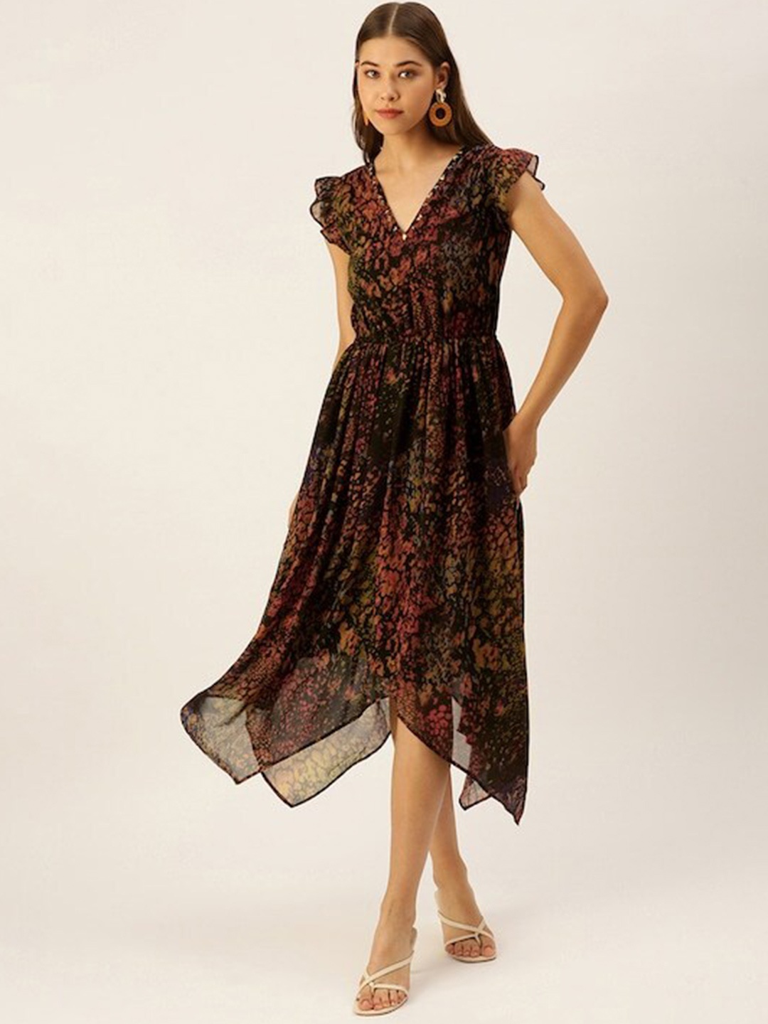 

shiloh Floral Print Flutter Sleeve Georgette Fit & Flare Midi Dress, Black