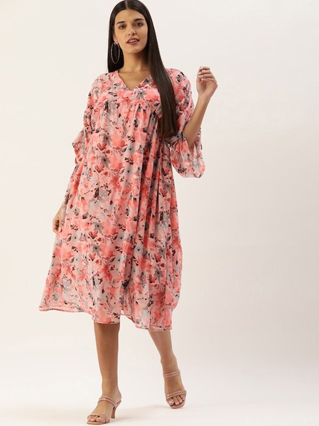 

shiloh Floral Printed Bell Sleeve Georgette A-Line Midi Dress, Peach
