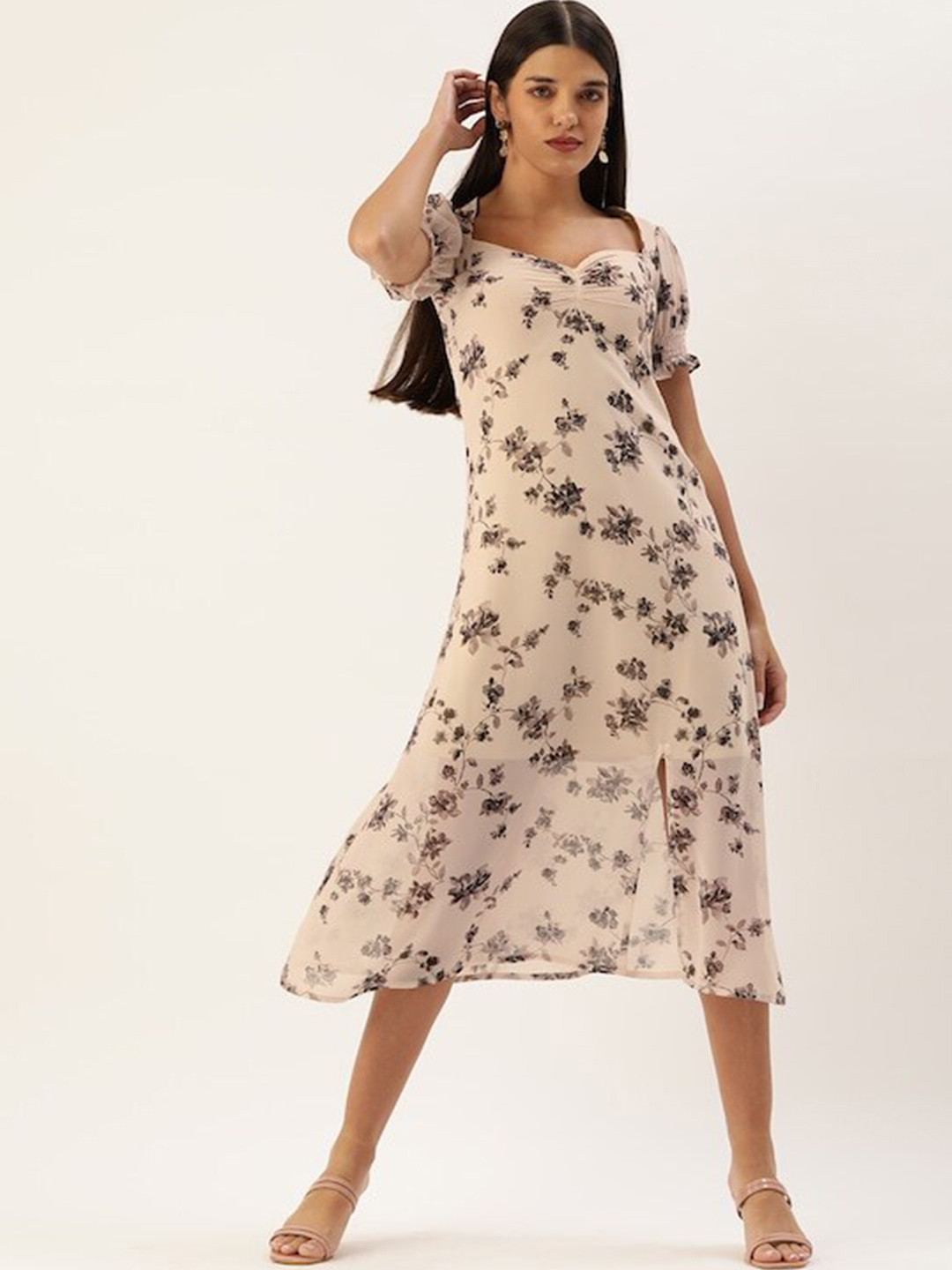 

shiloh Floral Printed Sweetheart Neck Georgette A-Line Midi Dress, Cream
