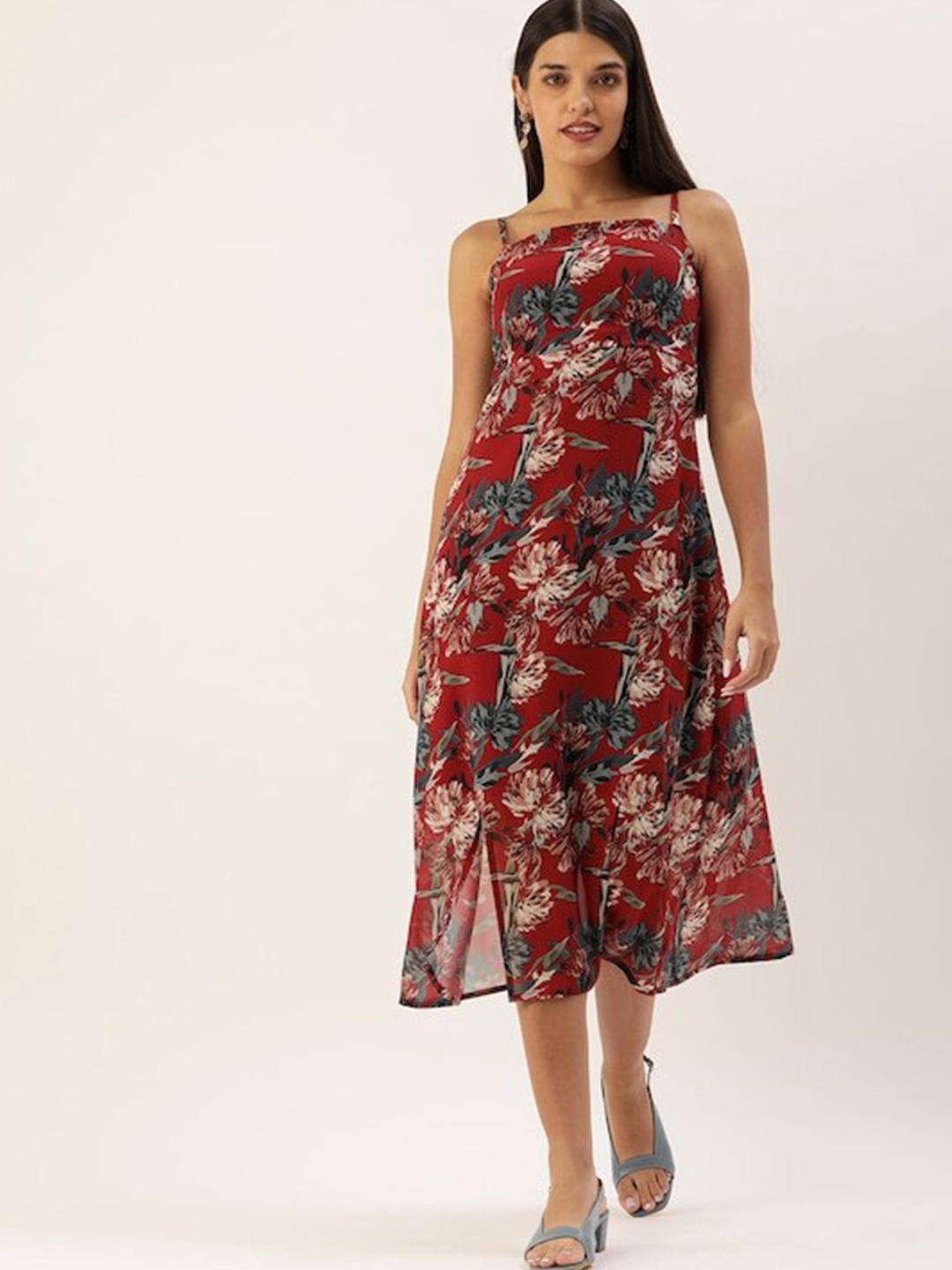

shiloh Floral Printed A-Line Midi Dress, Maroon