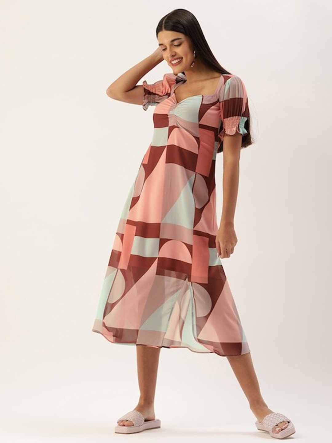 

shiloh Geometric Printed A-Line Midi Dress, Peach