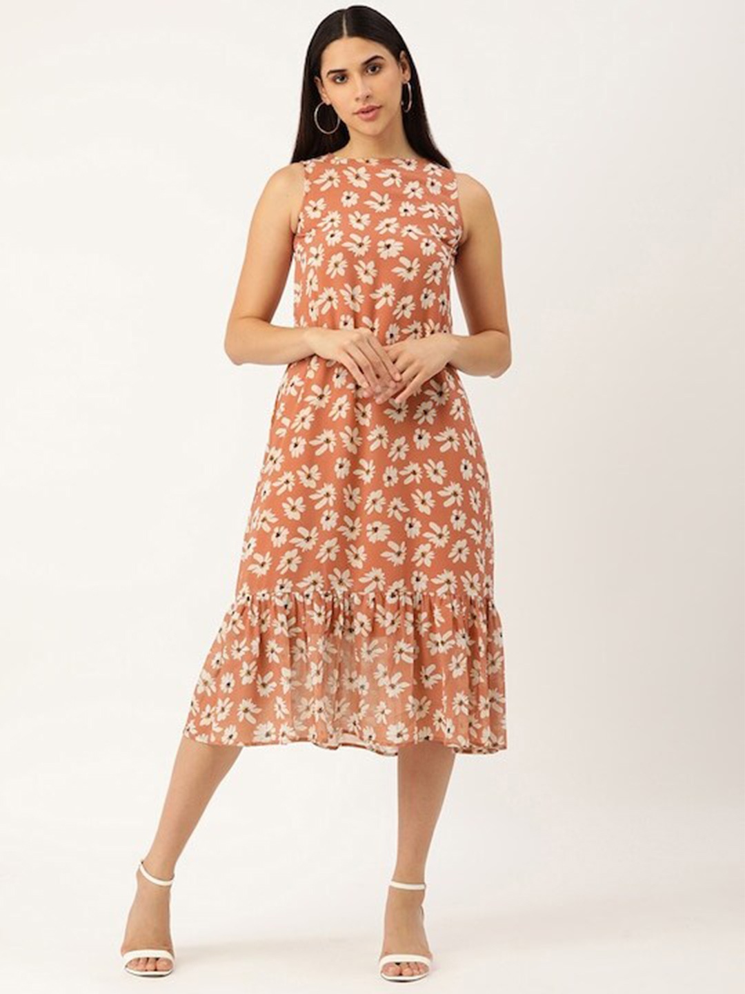 

shiloh Floral Printed Georgette A-Line Midi Dress, Peach