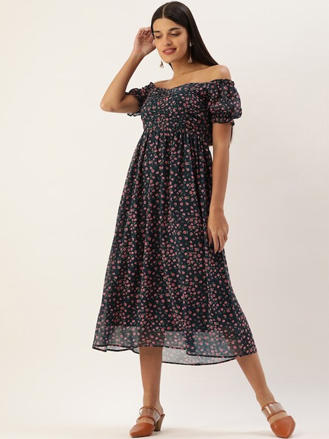 

shiloh Floral Printed Off-Shoulder Puff Sleeve Fit & Flare Midi Dress, Navy blue