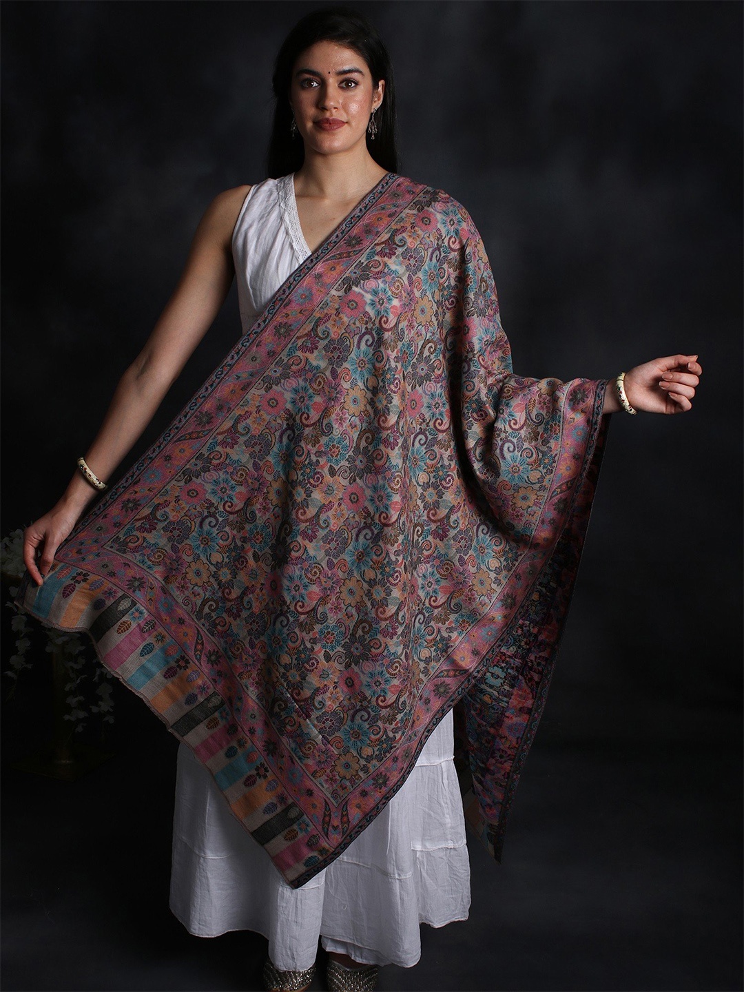

Exotic India Floral Woven Design Woollen Stole, Navy blue