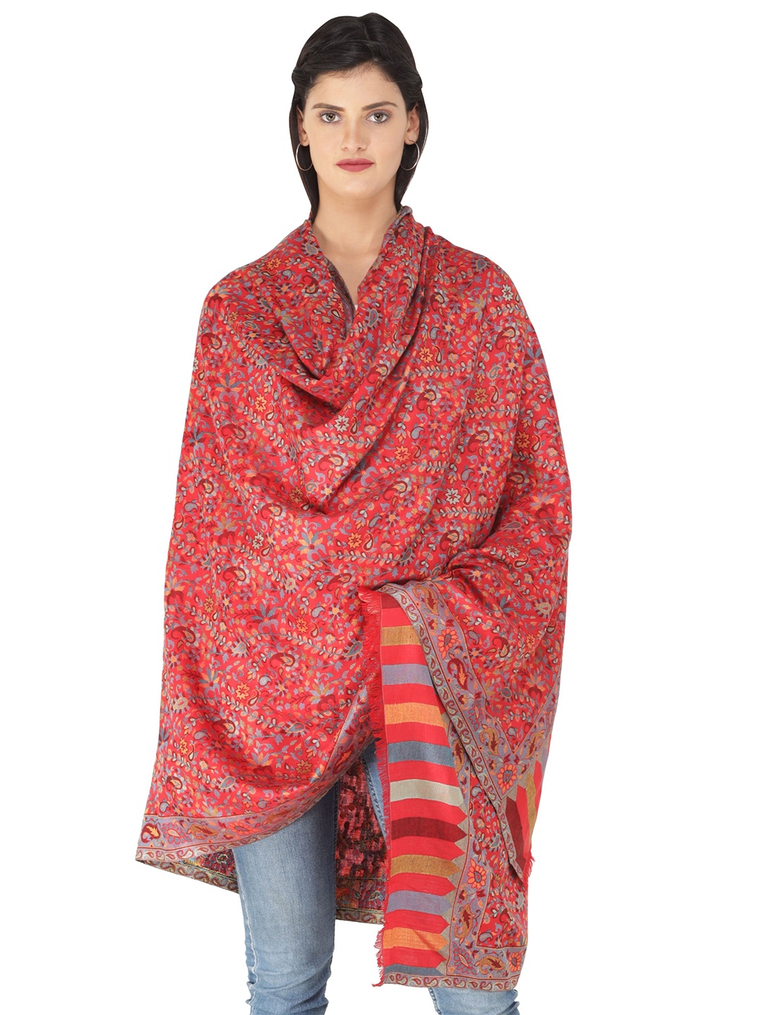 

Exotic India Scarlet Sage Woven Flowers and Paiselys in Thread Kani Jamawar Stole, Red