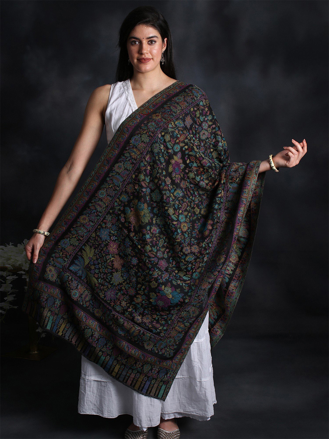 

Exotic India Woven Design Woollen Stole, Black