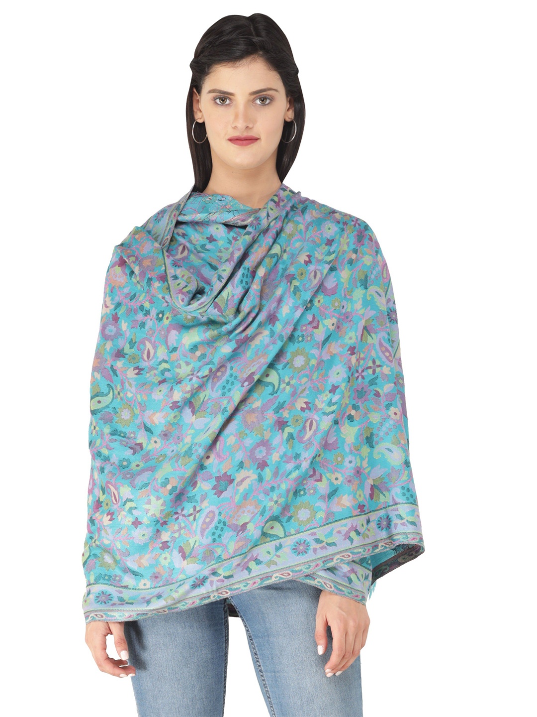 

Exotic India Bluebird Pure Wool Kani Jamawar Multicolor Floral Vines Stole, Blue