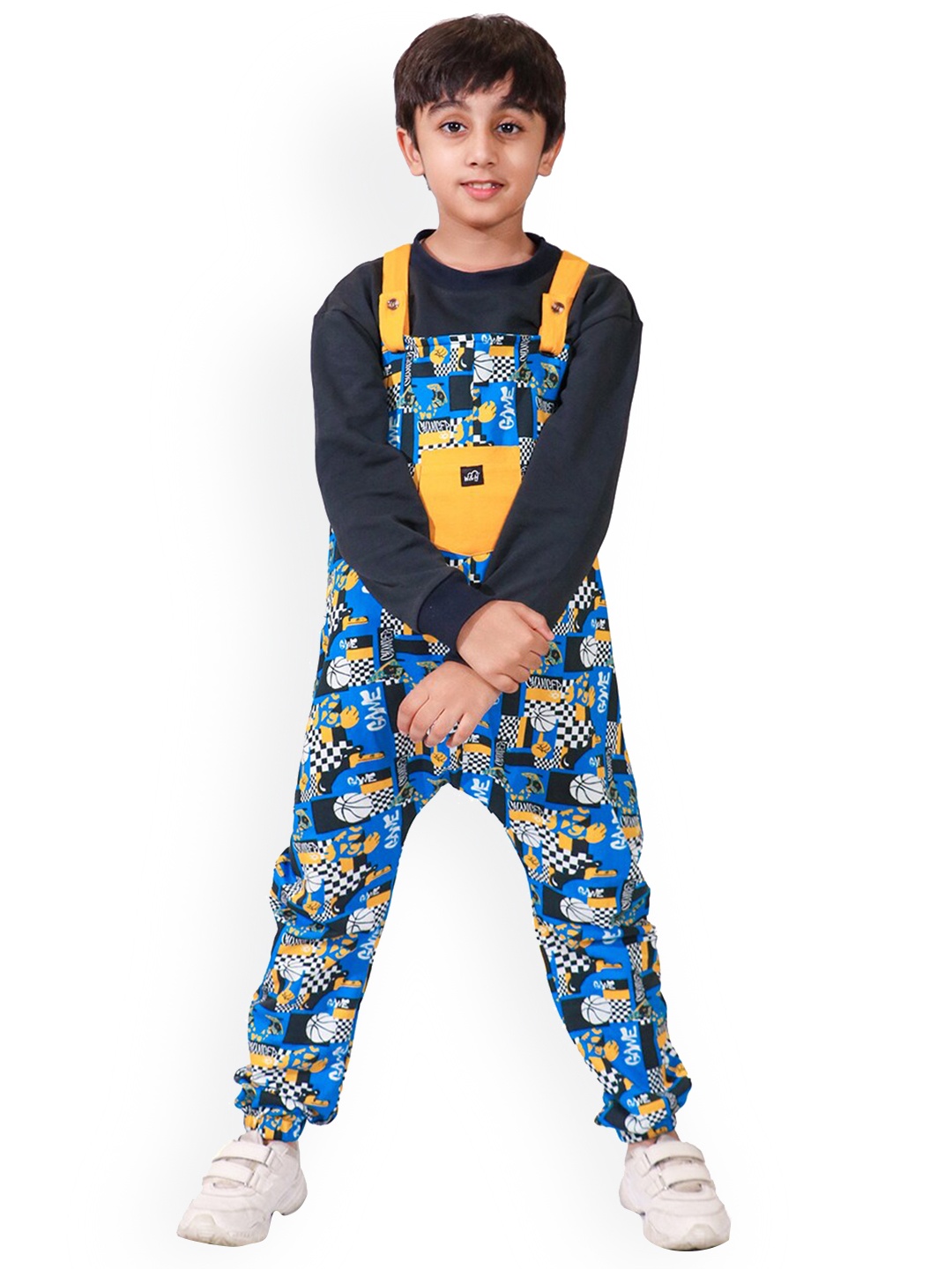 

Whistle & Hops Kids Abstract Printed Straight Leg Cotton Dungaree, Blue
