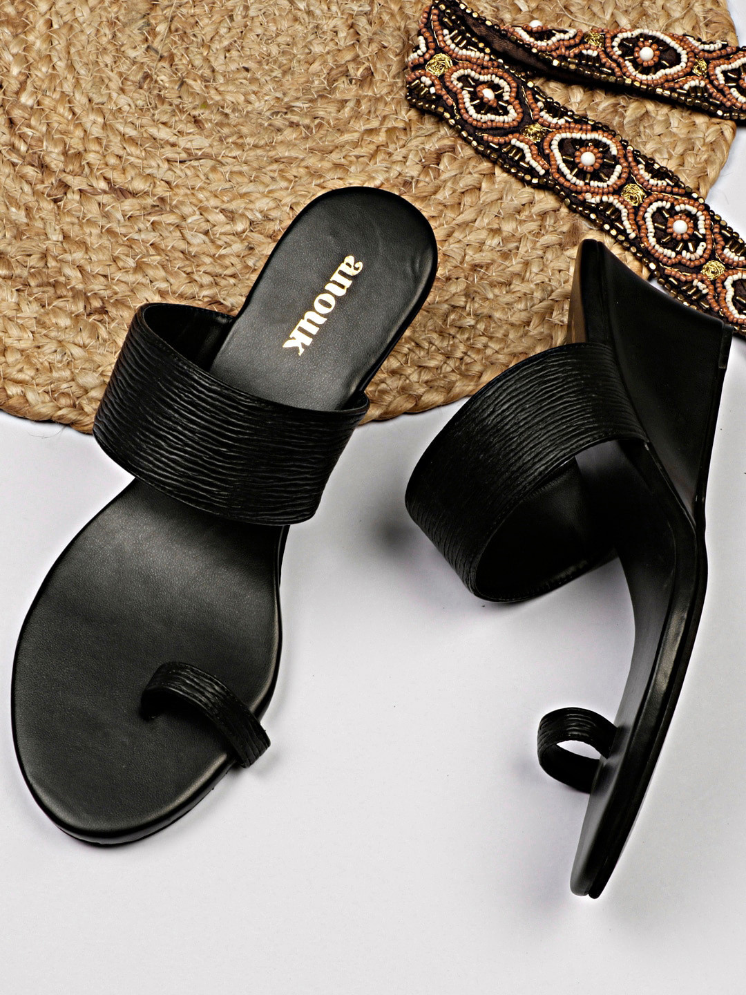 

Anouk Black Embellished Open Toe Wedge Heels