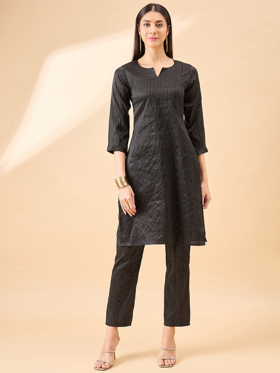 

all about you Embroidered Regular Sequinned Kurta With Trousers, Black