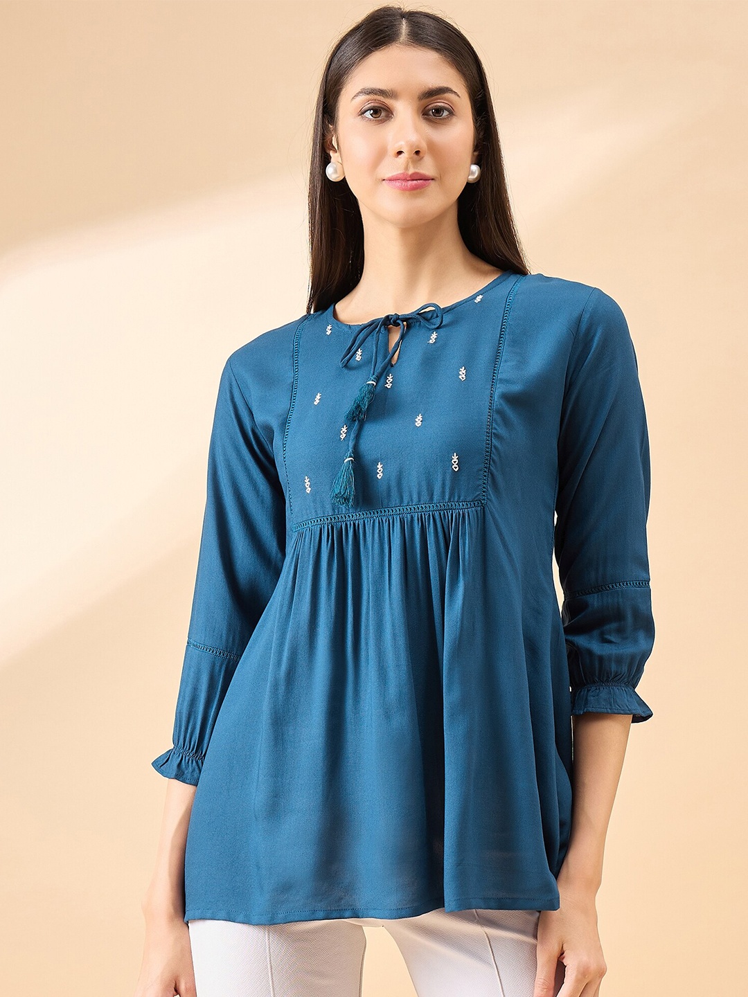 

all about you Floral Embroidered Tie-Up Neck Pleated A-Line Top, Blue