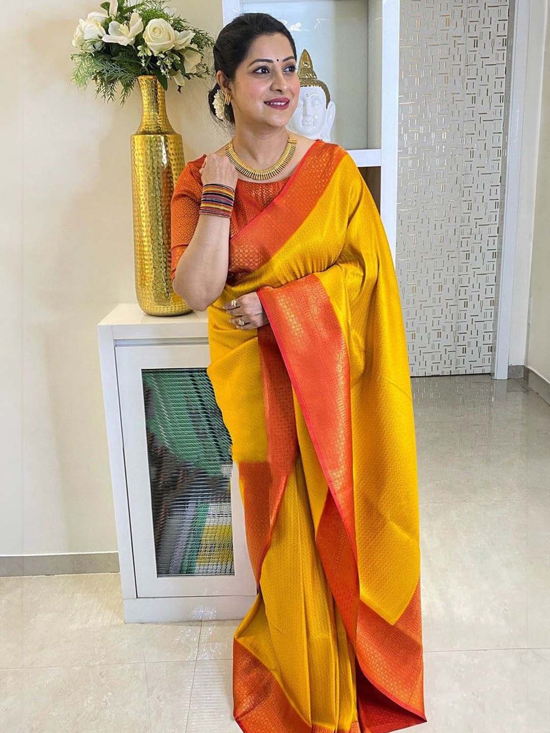 

Naishu Trendz Abstract Woven Design Zari Pure Silk Kanjeevaram Saree, Yellow