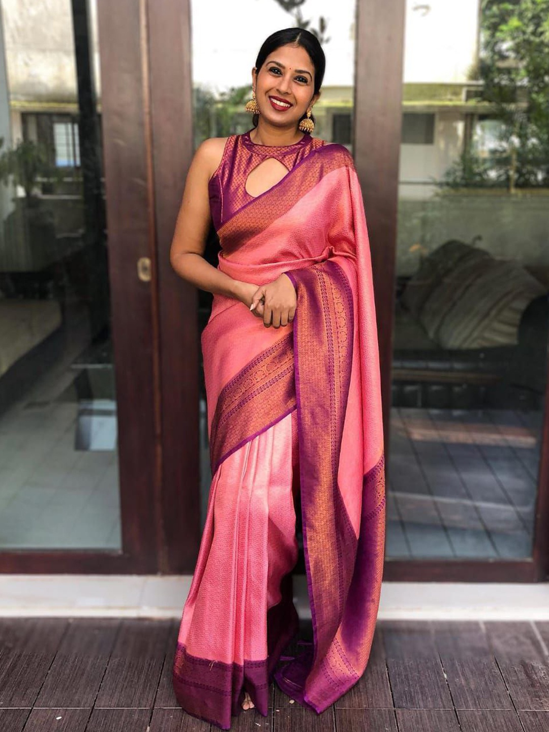 

Naishu Trendz Ethnic Motifs Woven Design Zari Pure Silk Kanjeevaram Saree, Pink