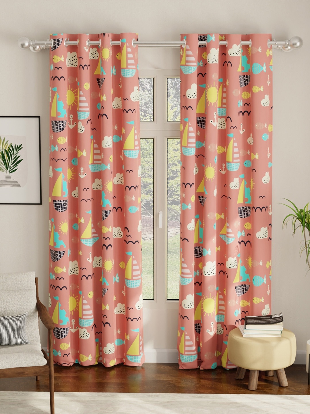 

URBAN SPACE Peach & Yellow Printed Room Darkening Long Door Curtain