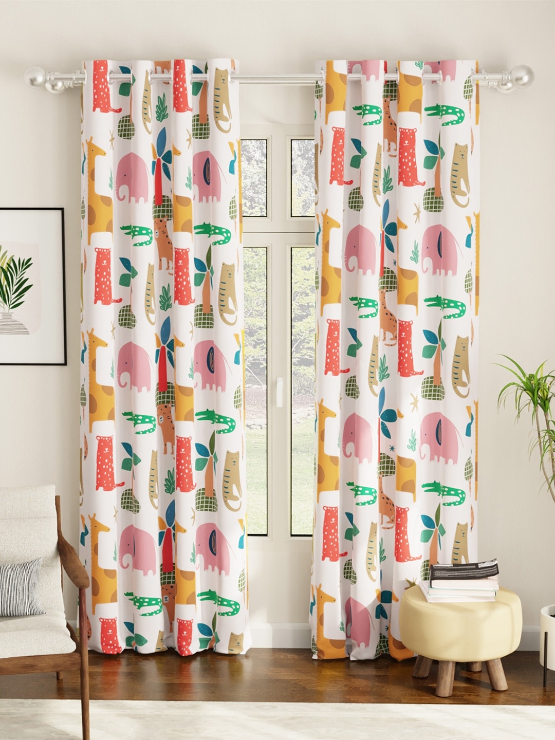 

URBAN SPACE White & Yellow Printed Room Darkening Long Door Curtain